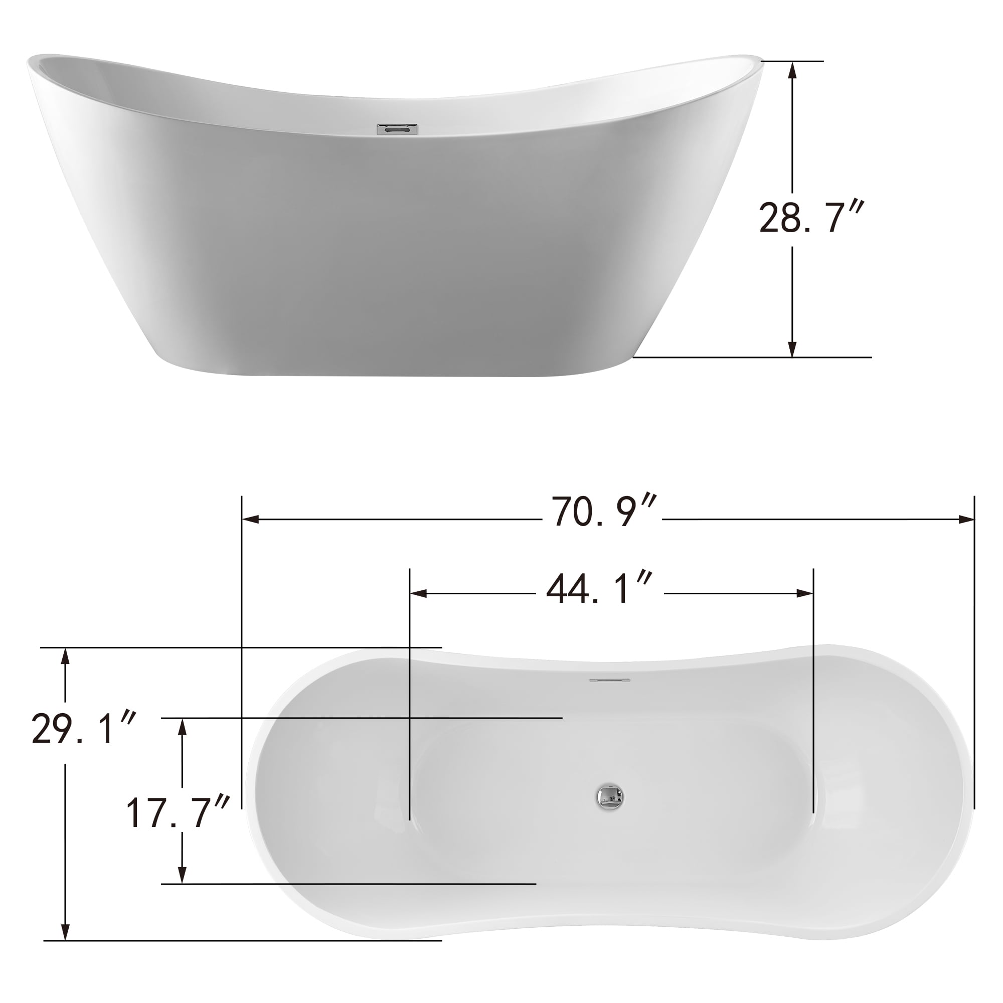 White Acrylic 71" Freestanding Soaking Bathtub with Chrome Drain