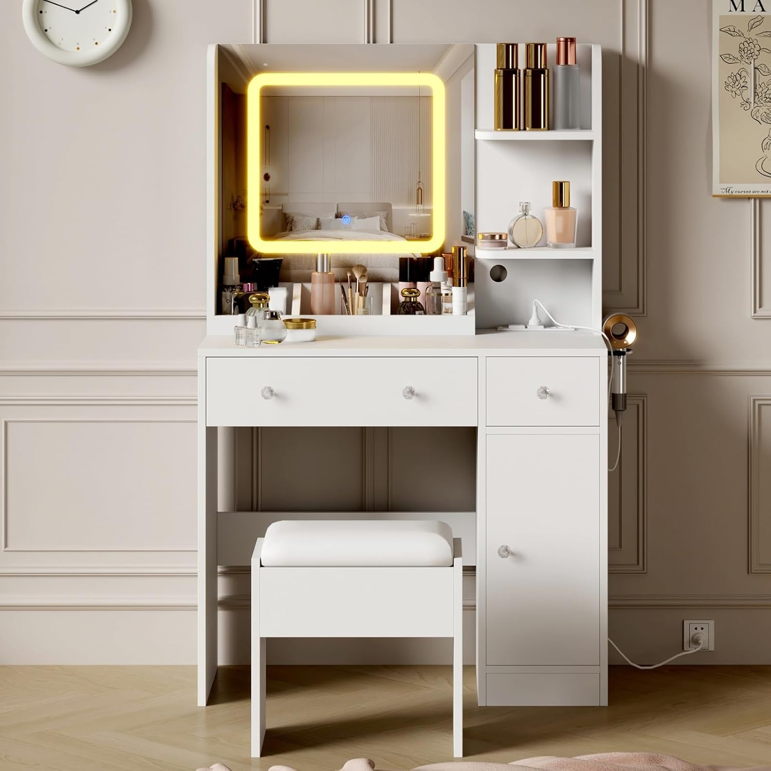 Qeetex LHF-SZT-PHO-339J8K5P Vanity Desk with Mirror - Makeup Desk with Lights in 3 Colors - Girls Vanity Table with Charging Station/3 Drawers/3 Storage Shelves for Bedroom - White
