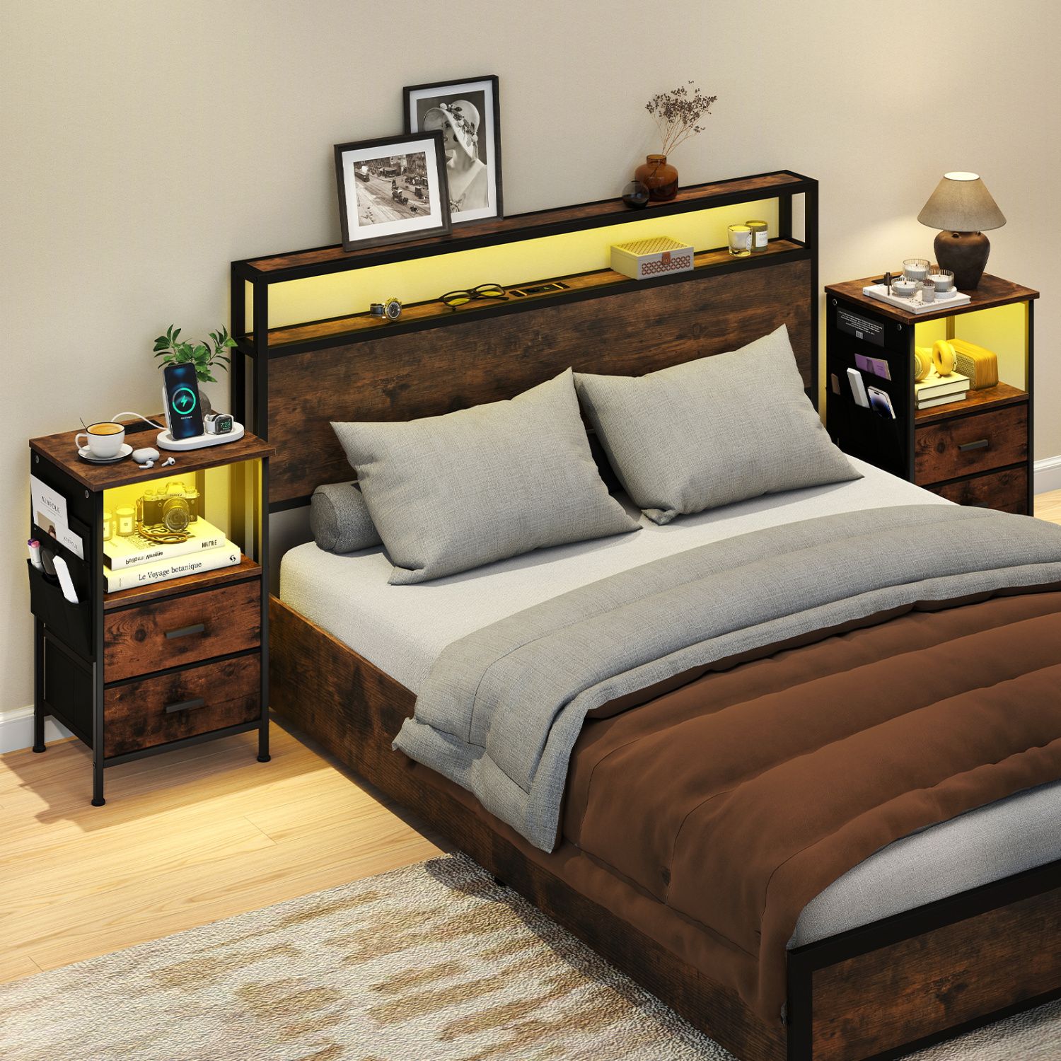 Kitstorack - Nightstand End Table with Charging Station and 2 Folding Fabric Drawers for Bedroom ...