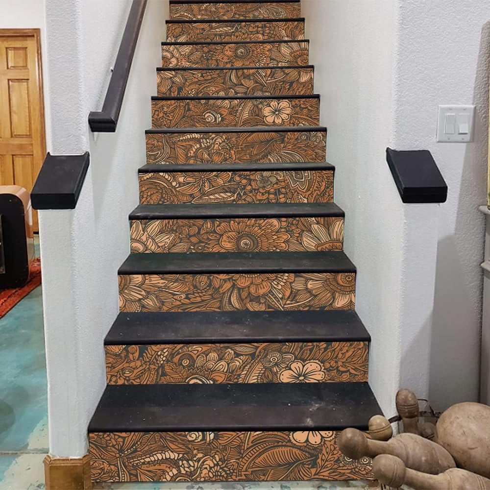 Etokfoks  Vintage Brown Stair Riser Decals 14 Pack 39 37 in x 7 09 in Matte PVC Water Resistant Peel and Stick