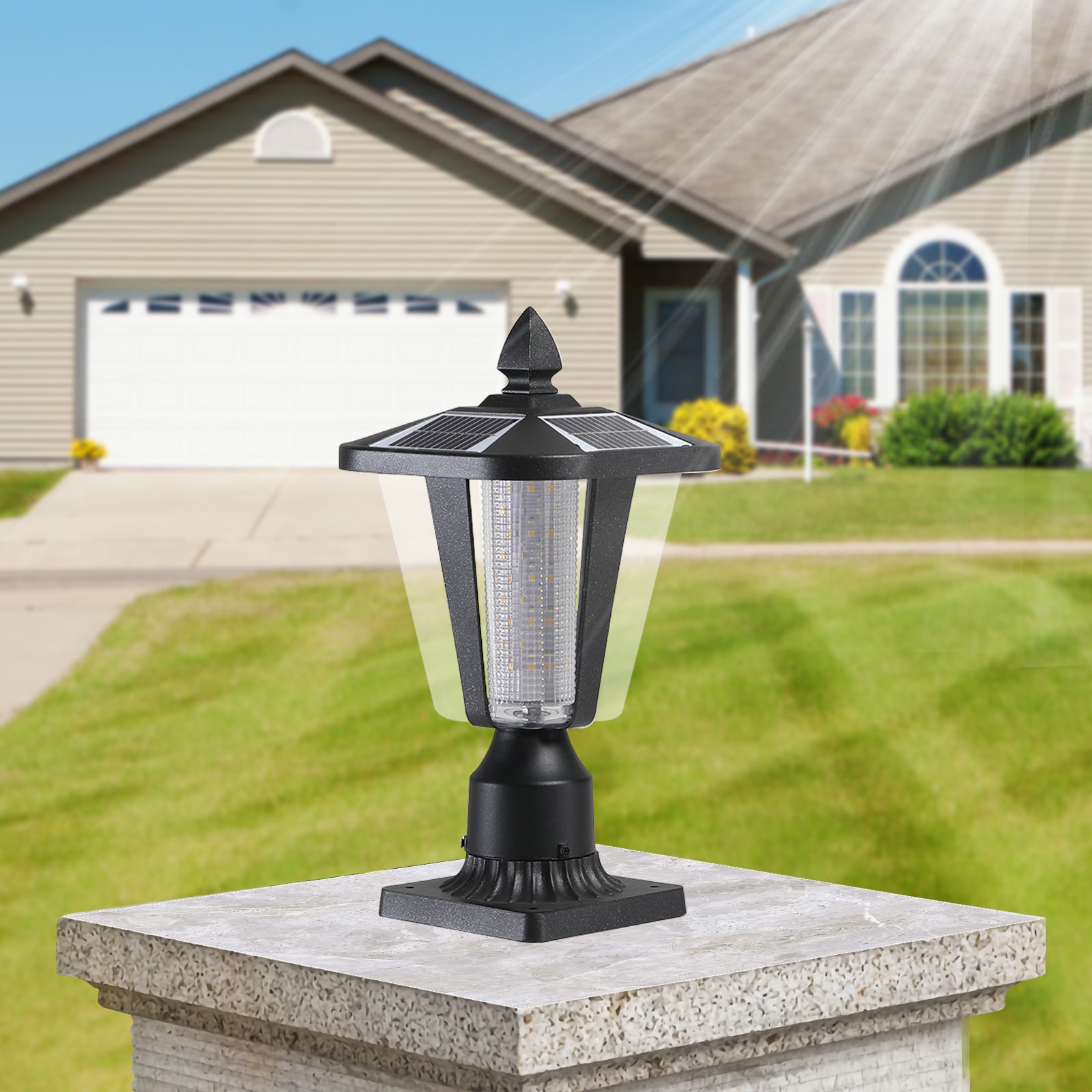 Blisstyle 15 Inch Height Modern Black Outdoor Post Light Solar Powered Durable Metal Pillar Lantern for Garden Path Patio Yard