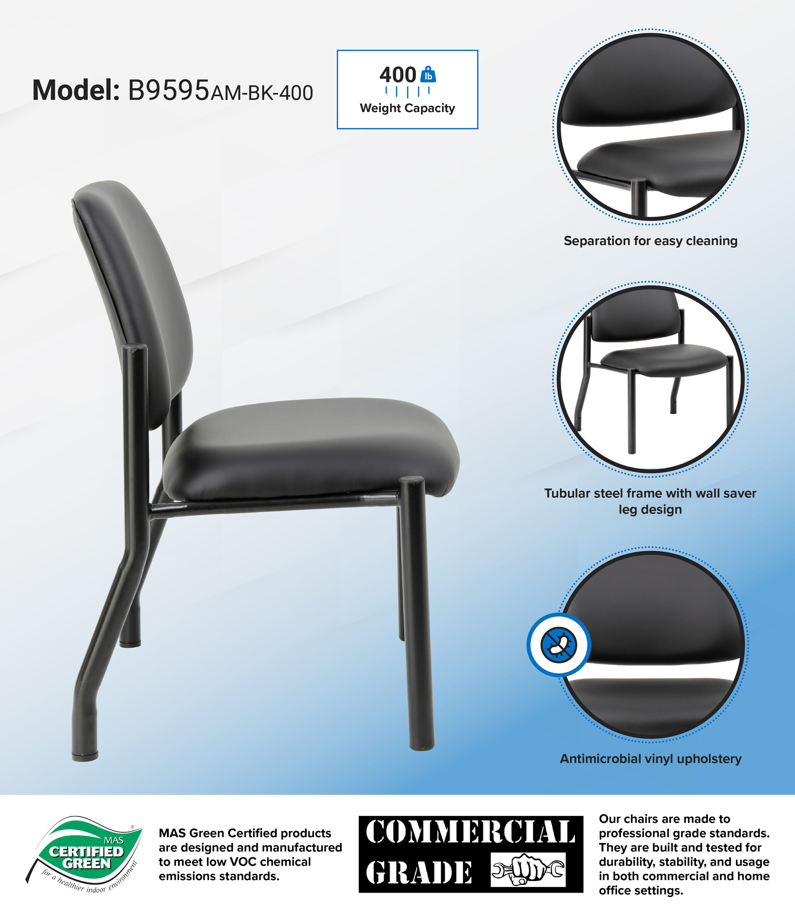 Sleek 400lb Capacity Armless Guest Chair in Antimicrobial Black Vinyl