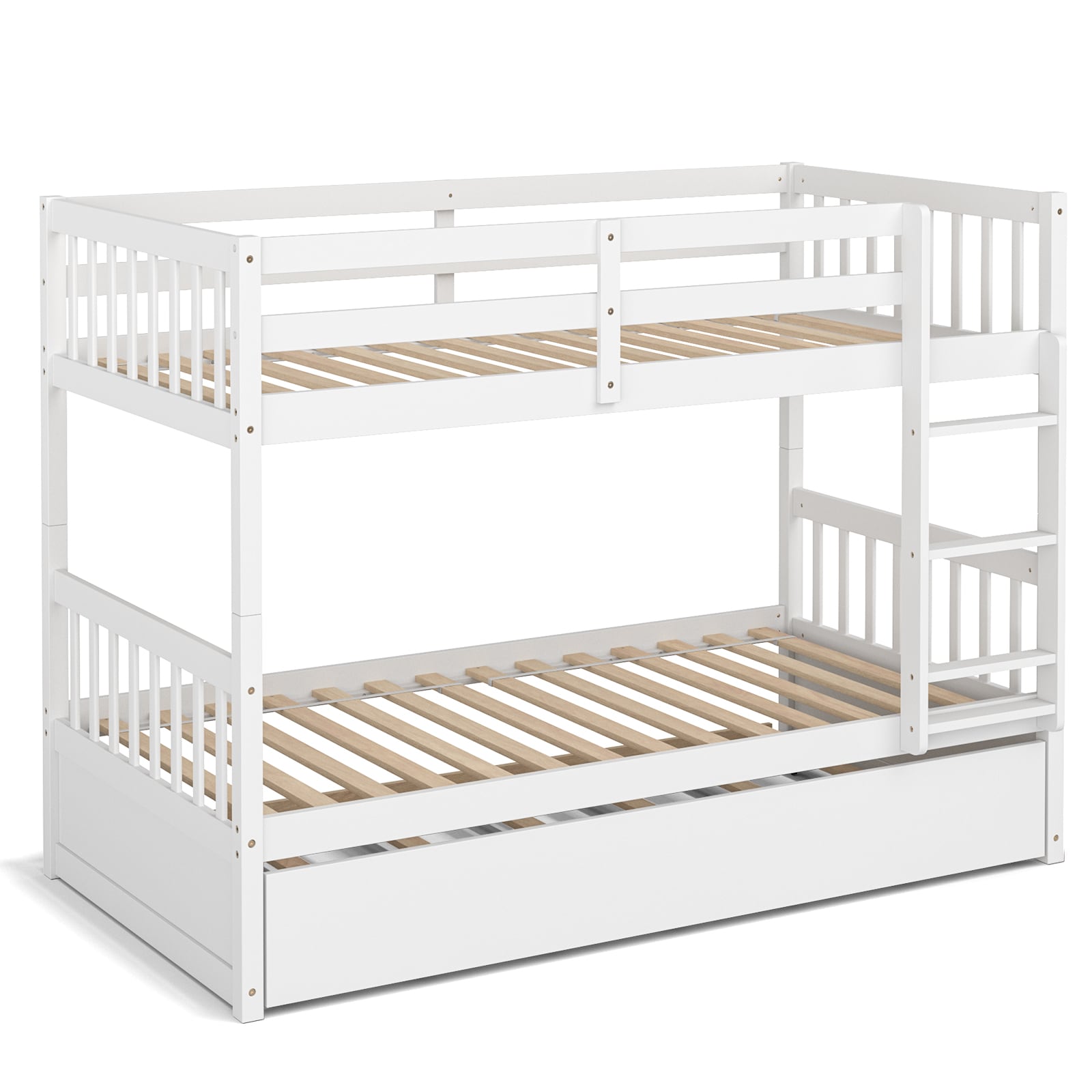 Fenbeli Twin Over Twin Bunk Bed with Pull Out Trundle and Built In Ladder for Kids