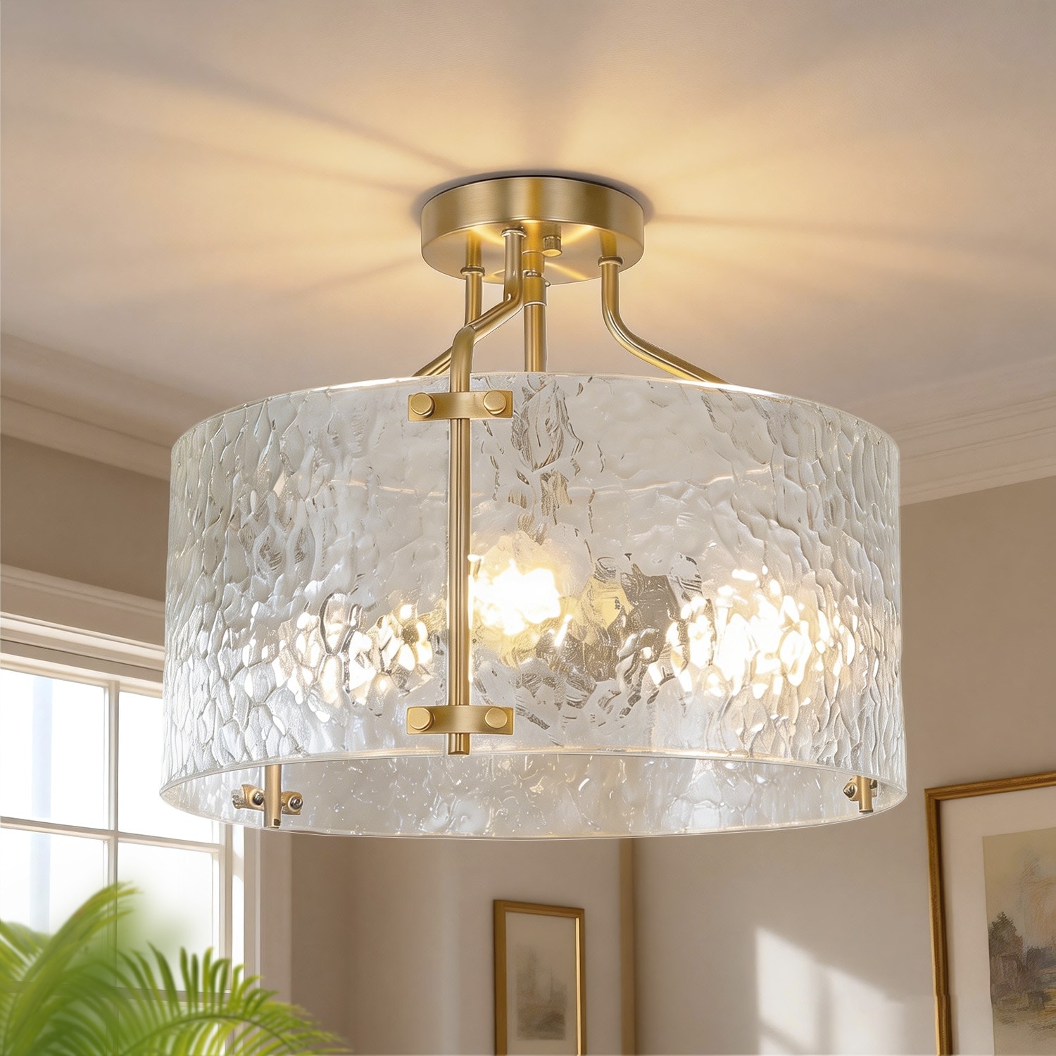 Jandcase 3 Light Flush Mount Ceiling Light with Water Ripple Glass Shades and Polished Brass Finish