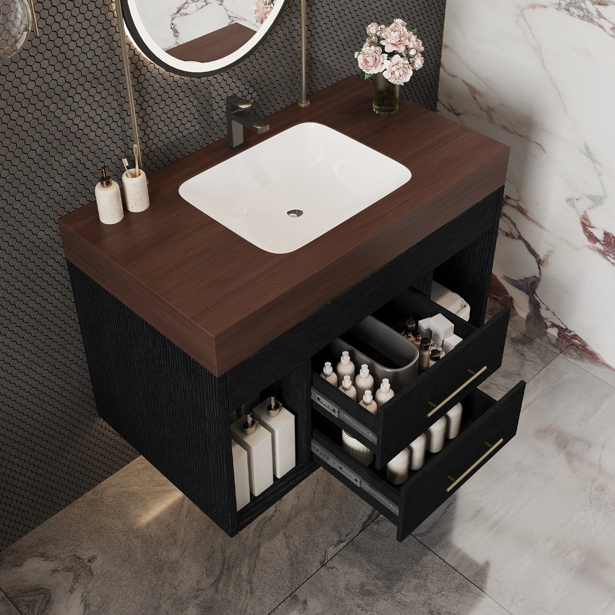 IAK 30 inch Black and Walnut Modern Floating Bathroom Vanity with Sintered Stone Top and Ceramic Undermount Sink with Soft Close Drawers