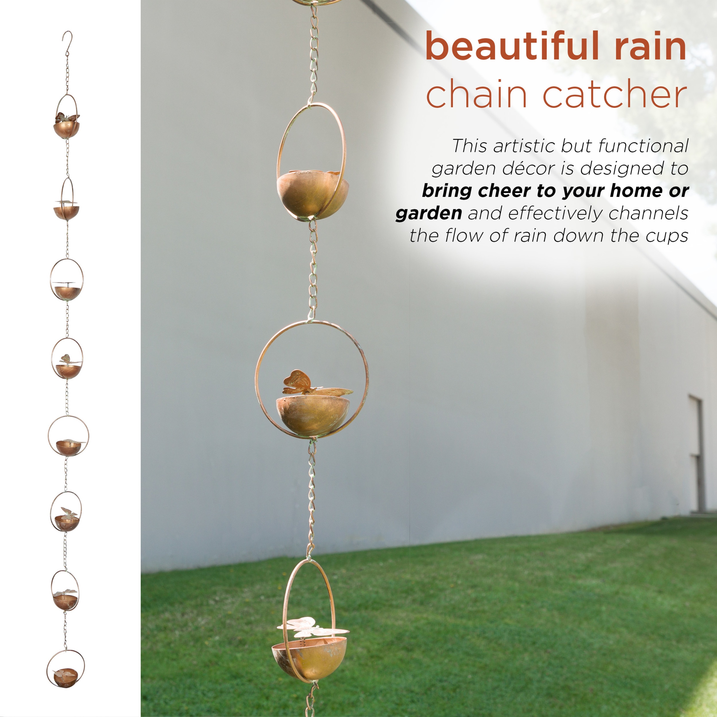Copper Iron Hanging Butterfly Rain Chain with Spring, 73" Outdoor Decor