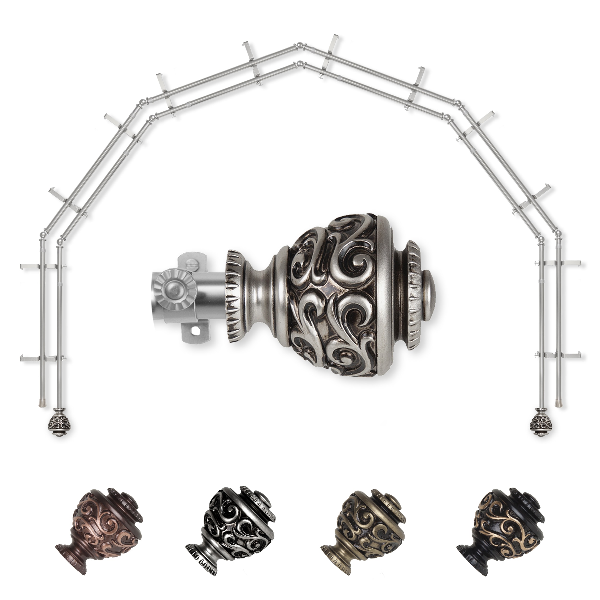 Hart & Harlow L-6BAY-89-5D Gianna 6-Sided Double Bay Satin nickel Steel Bay window curtain rod with Finials