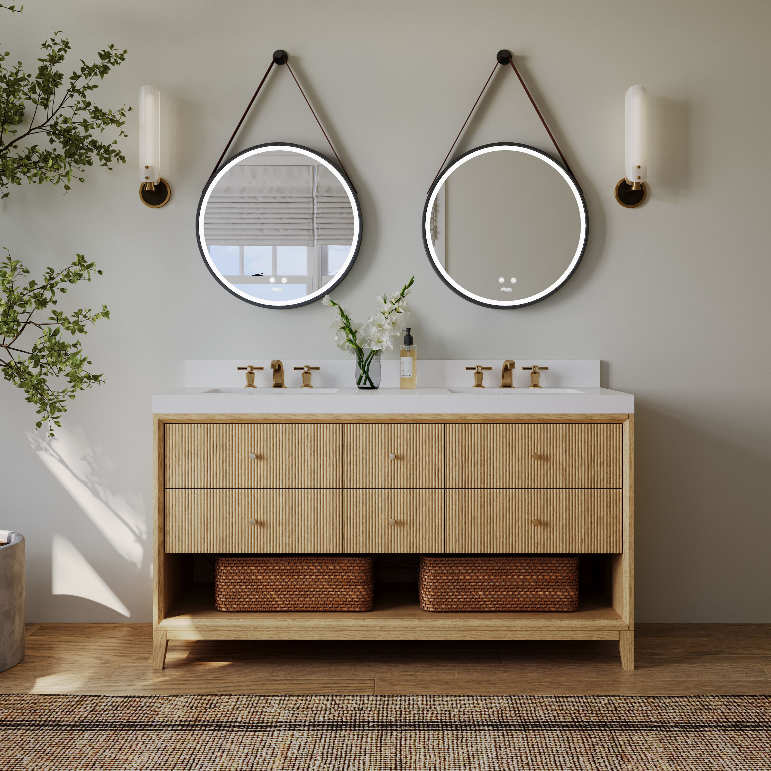 Ancerre Designs VTS-MOMO-60-OAK-WQZ Momo 60-in Oak Undermount Double Sink Bathroom Vanity with White Quartz Top