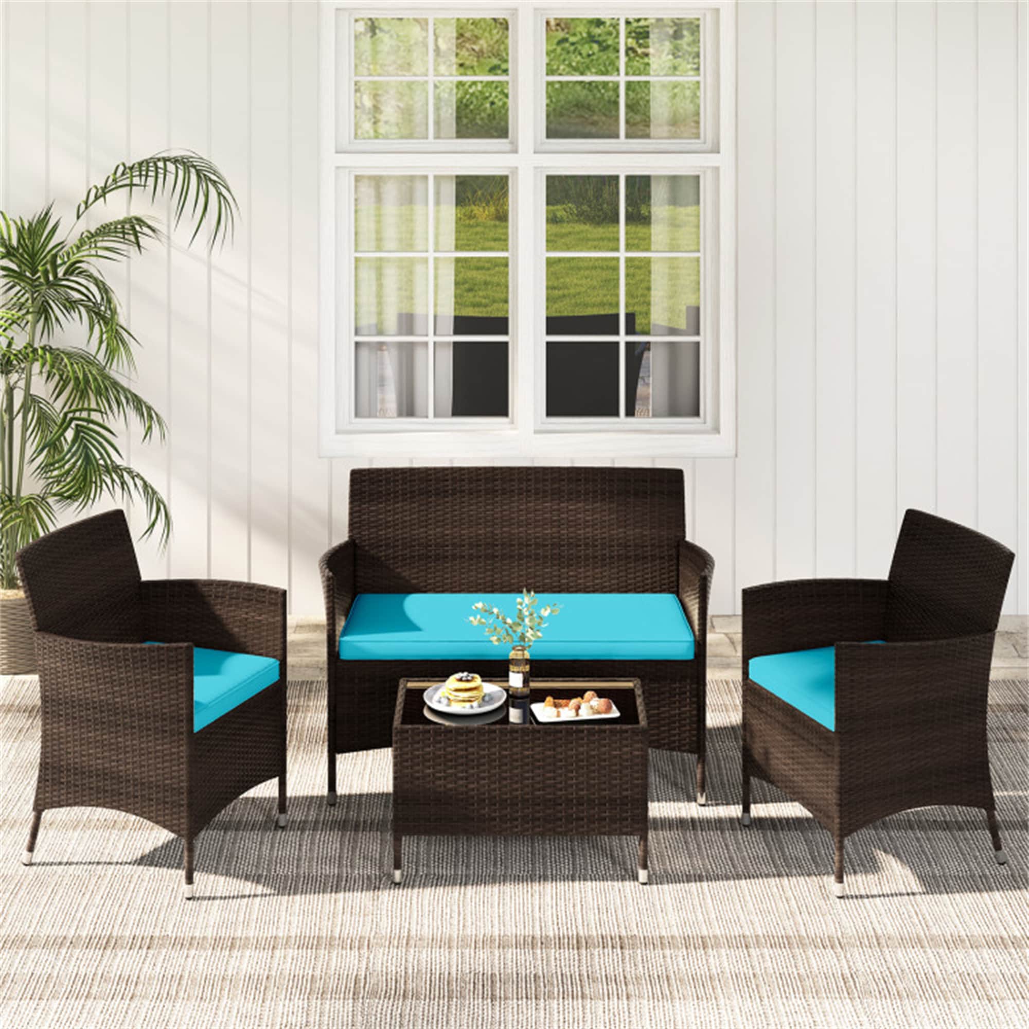 BABOOM BOM-67772TU-CO Outdoor Furniture Set 4 -Piece Rattan Patio Conversation Set with Blue Cushions