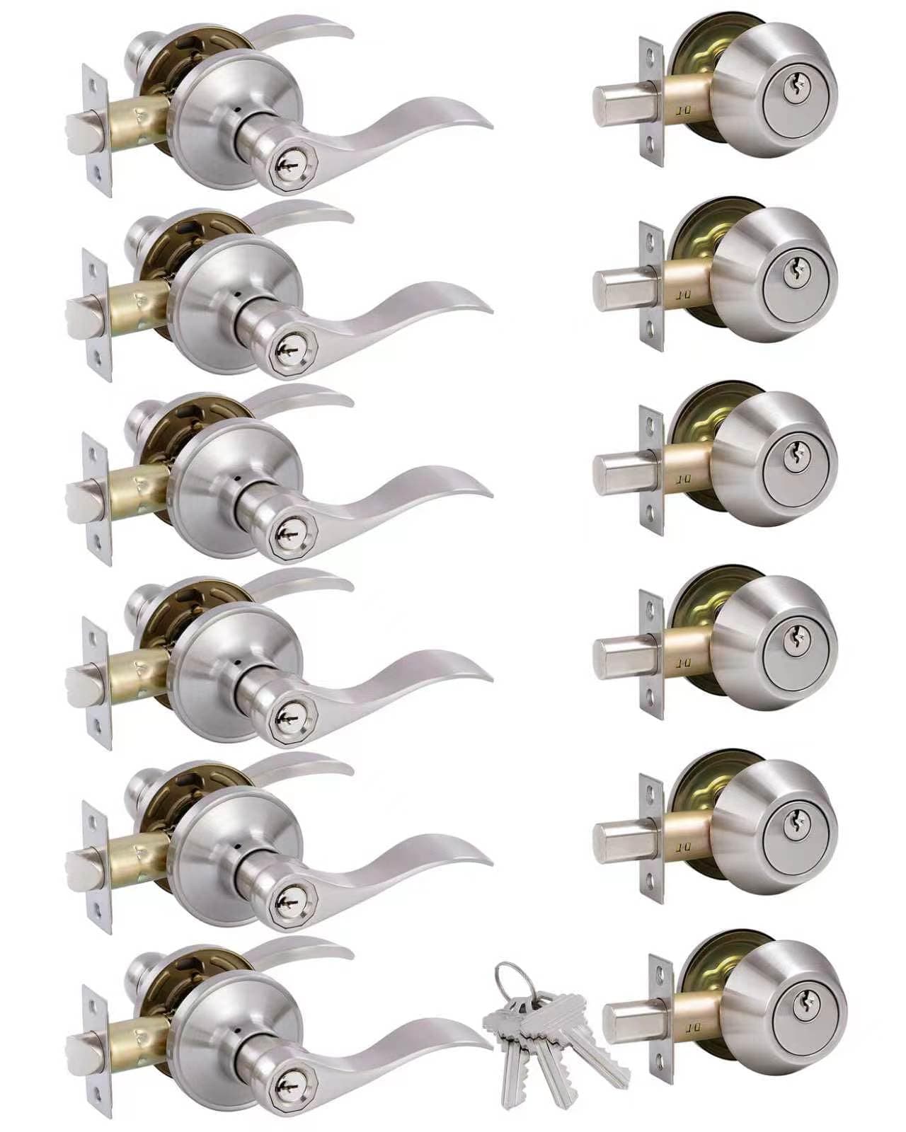 Ahfiwaso 6 pack keyed alike front door lever lockset with single cylinder deadbolt combination set satin nickel finish reversible handles for #LAH0713H059