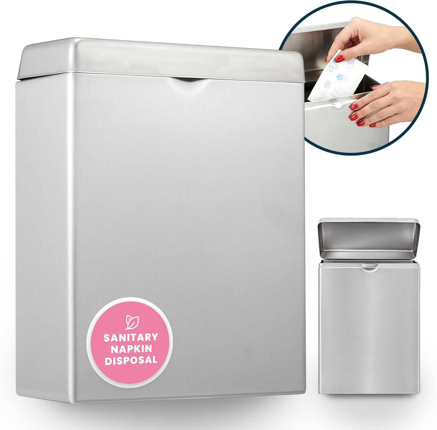 Alpine Industries 2-Pack Stainless Steel Wall Mount Sanitary Napkin Receptacle Feminine Hygiene Disposal Container