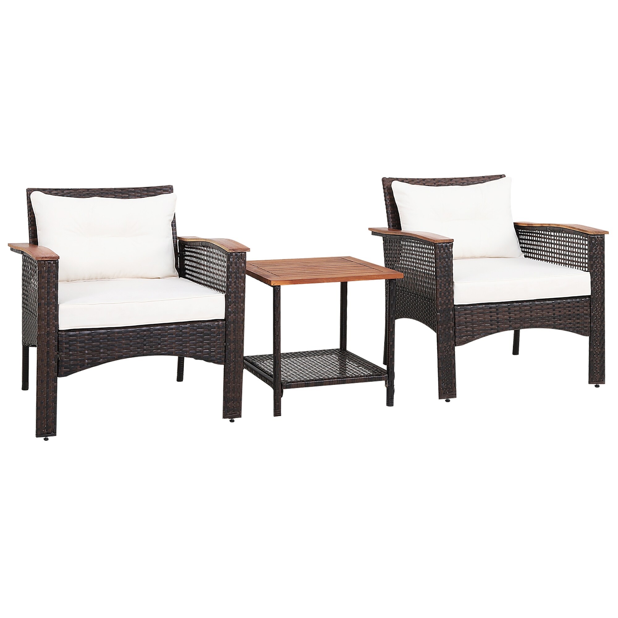 3 Pieces Patio Wicker Furniture Set with 2-Tier Side Table and Cushioned  Armchairs - Costway