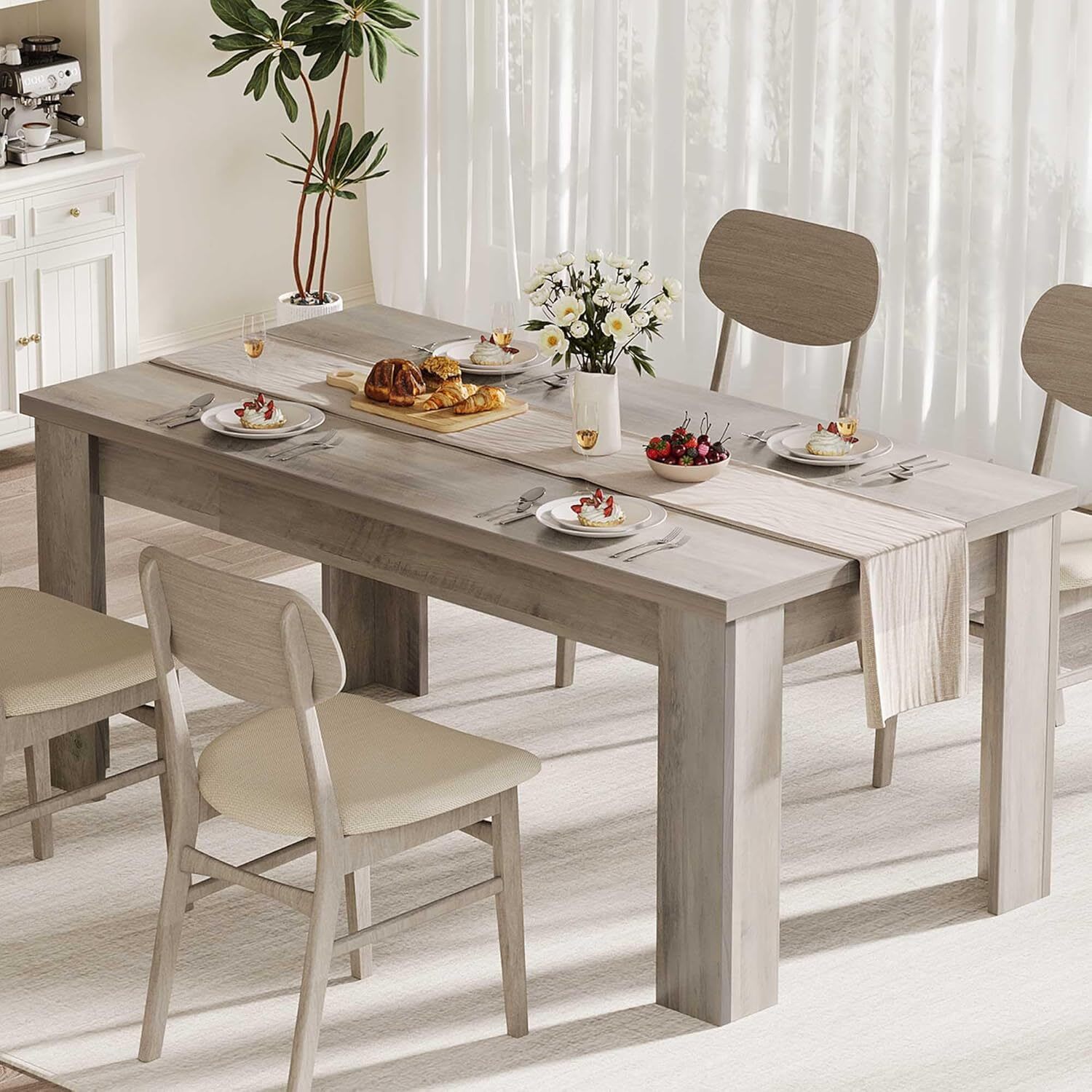 WhizMax PHO-16F270IS-HF 63in Dining Table for 4-6 Farmhouse Dinner Kitchen Table for 4 with Large Tabletop Rectangular Dining Room Table for Kitchen Living Room Easy Assembly Retro Gray/Thickened Tabletop