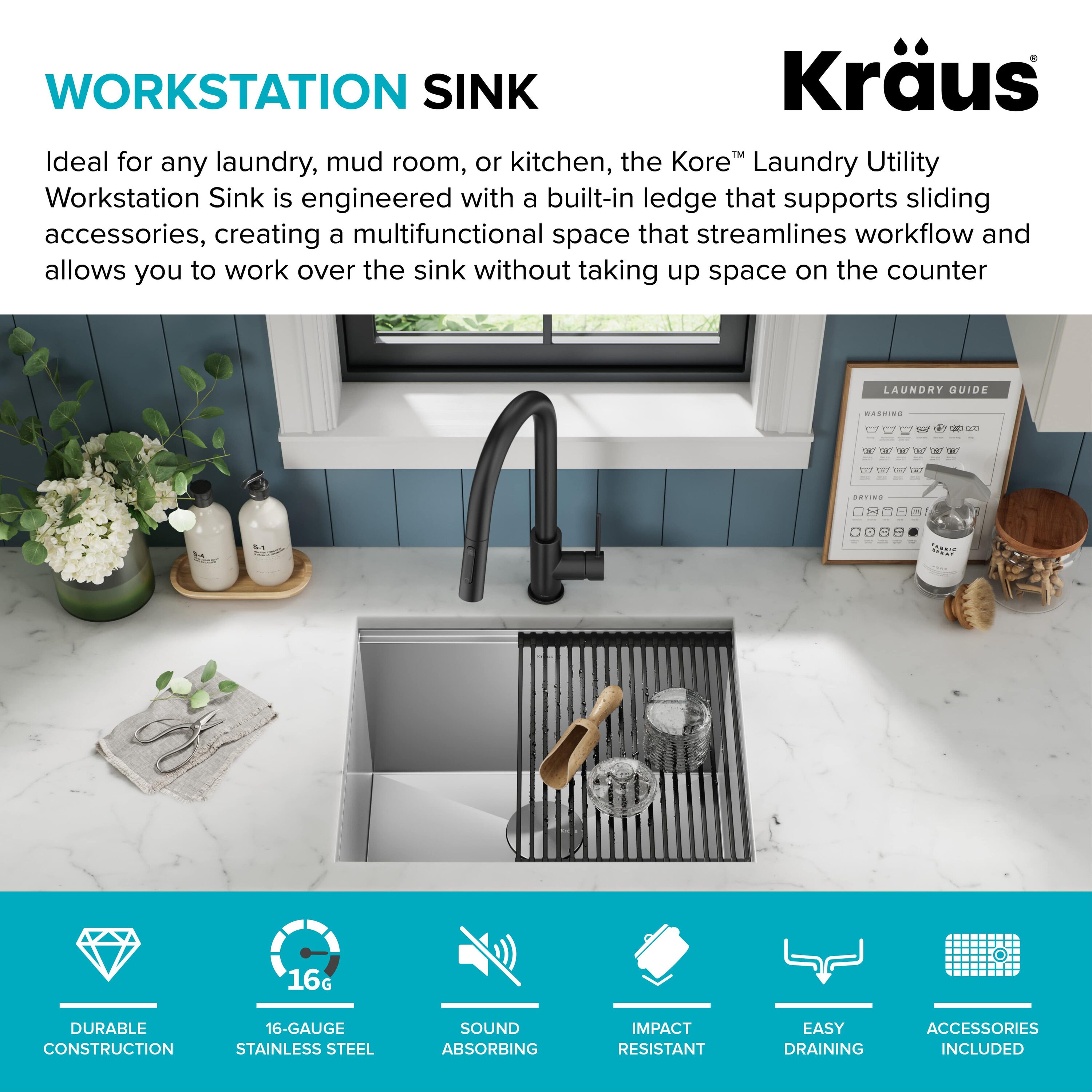 Kraus 19 18-Gauge Kore Workstation Stainless Steel Single Bowl Commercial Utility Laundry Sink for Wall Mount Faucet | KWS101-19