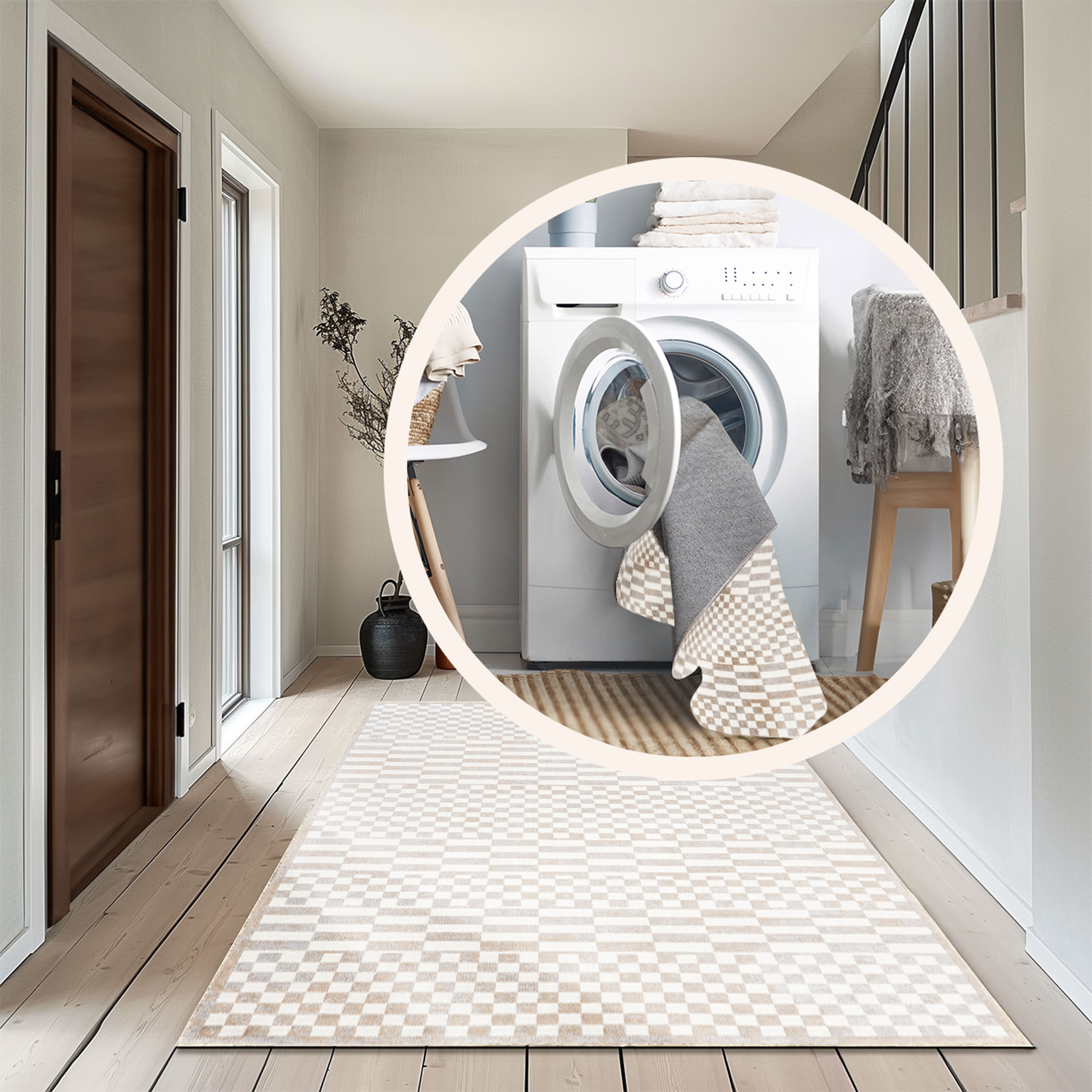 Beige and White Geometric 4' x 6' Washable Area Rug