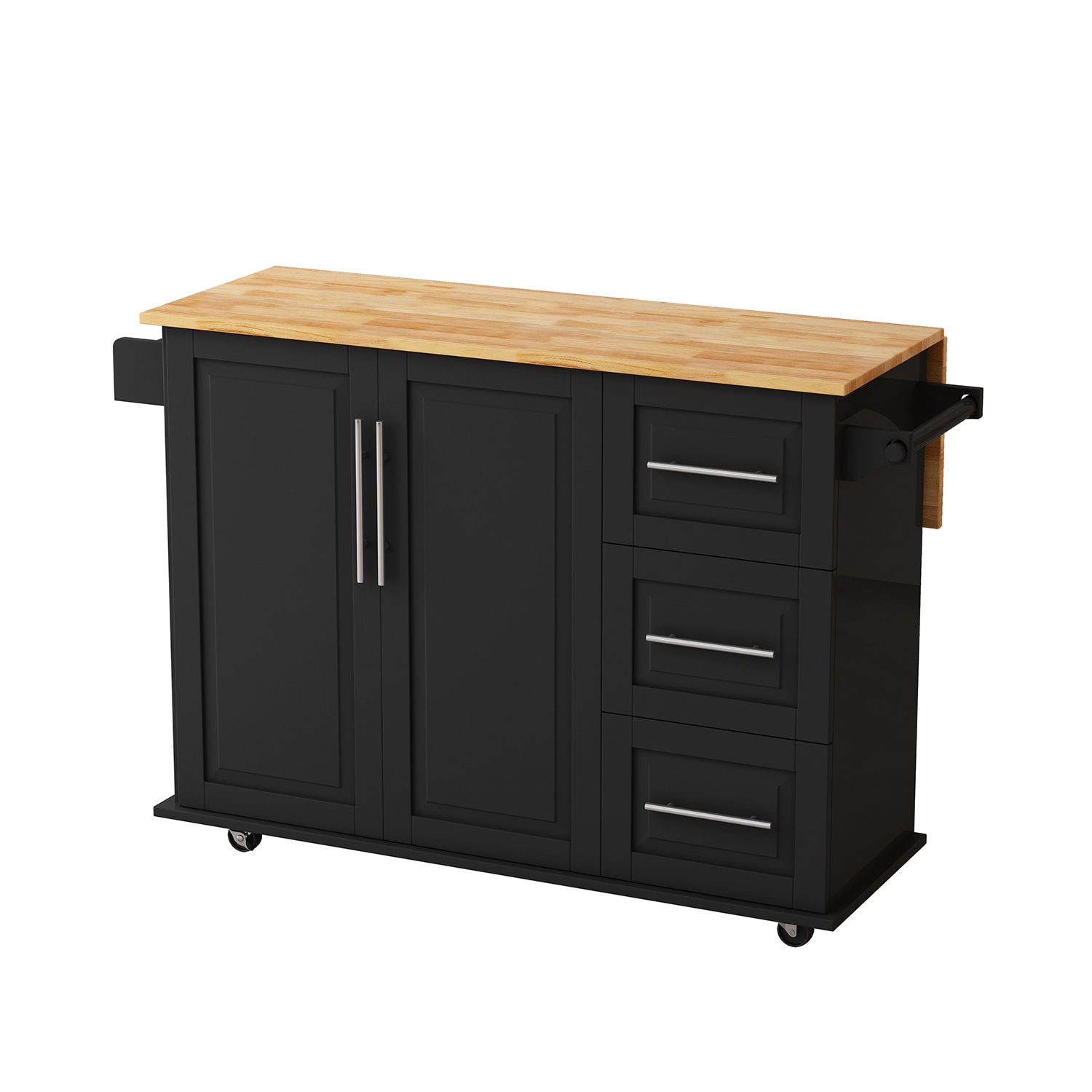 Bybafun Black Mdf Base with Mdf Wood Top Rolling Kitchen Cart (29.9-in x 52-in x 35.4-in)