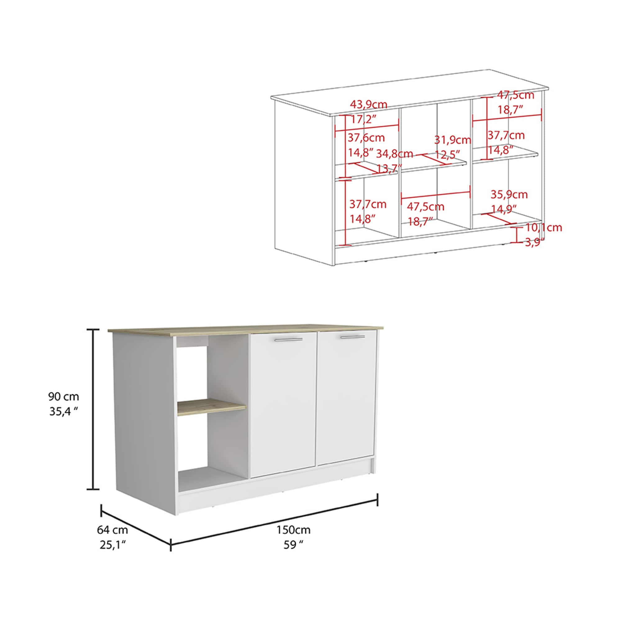 BABOOM White Composite Base with Composite Top Kitchen Island (25.1-in x 59-in x 35.4-in)