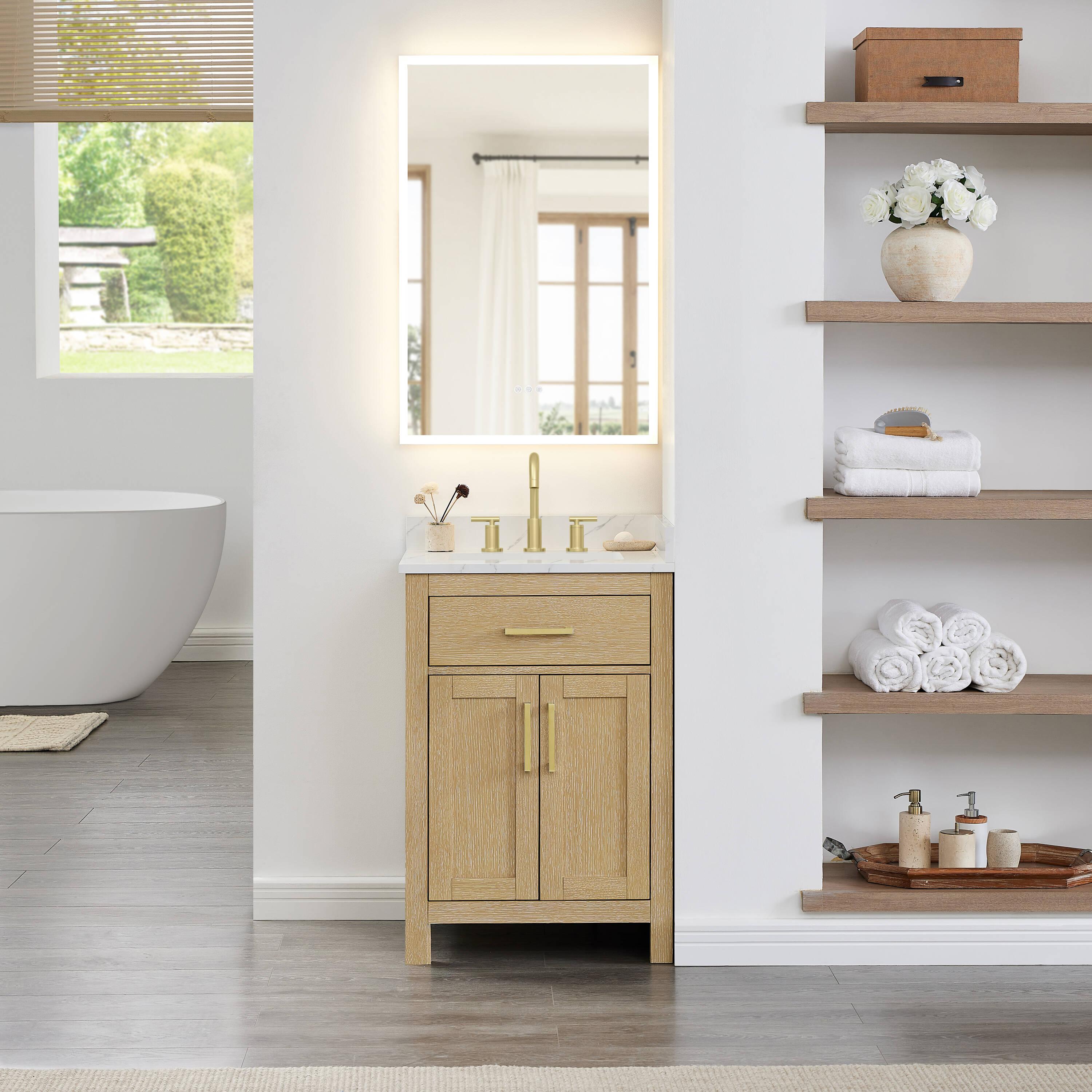 Wyndham Collection Beckett 24-in Whitewashed Oak with Brushed Gold Trim Undermount Single Sink Bathroom Vanity with Giotto Quartz Quartz Top