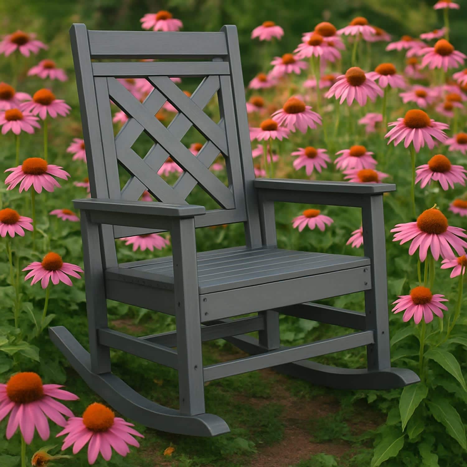 Qeetex LSHQQPPG-339S5PTV Outdoor Rocking Chair  HDPE Plastic Patio Rocker Chair  for Porch Deck Lawn Garde Grey (Grid back panel)