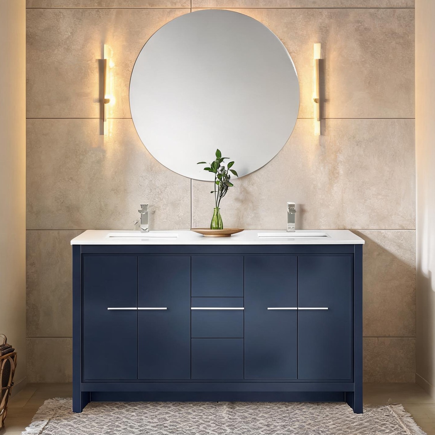 chillscreamni - 60-Inch Double Vanity in Soft Blue with Marble Top and Brushed Nickel Faucet