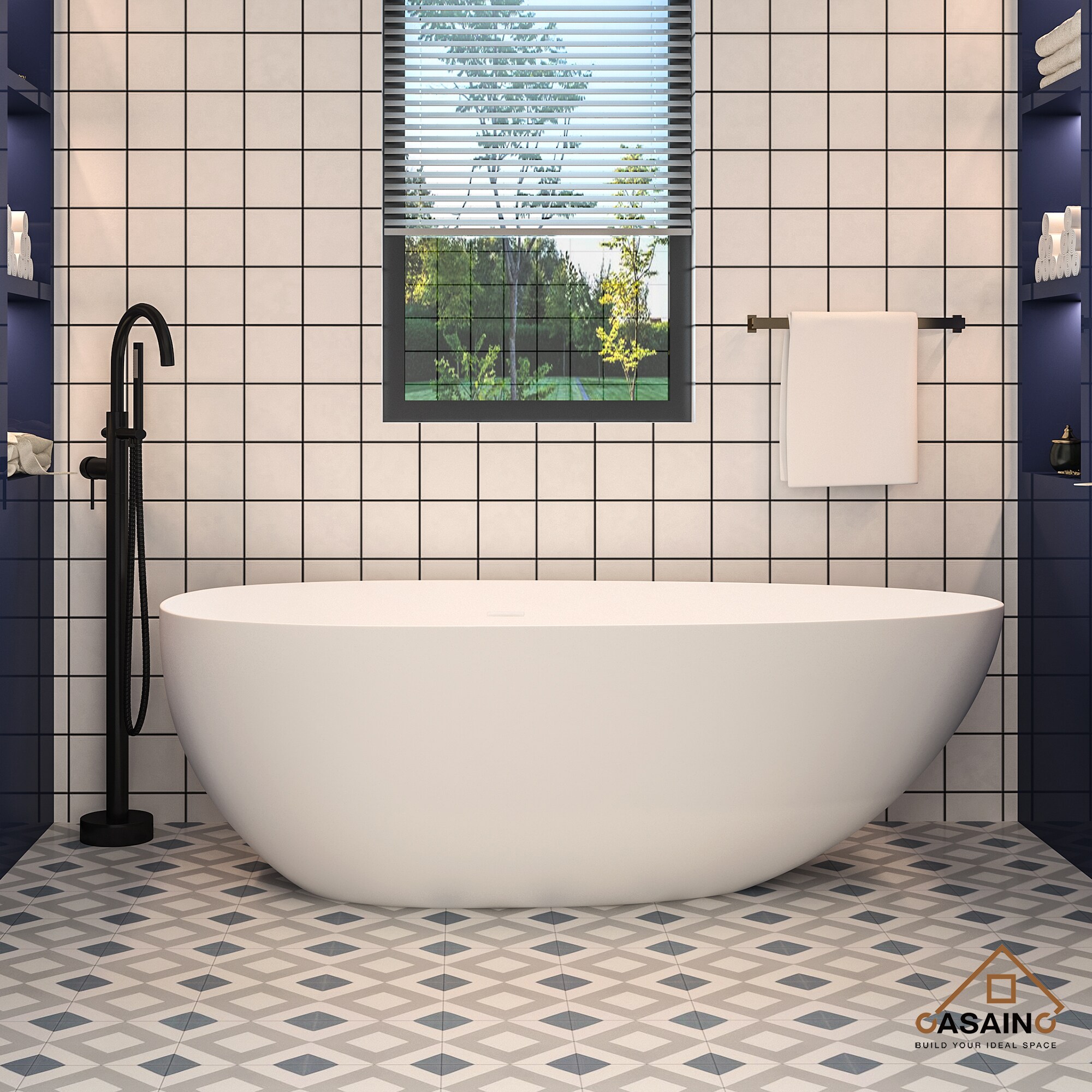 CASAINC CAS036SFB 35.37-Inches x 70.74-Inches White Solid surface Oval Freestanding Soaking bathtub Drain ( Center Drain )