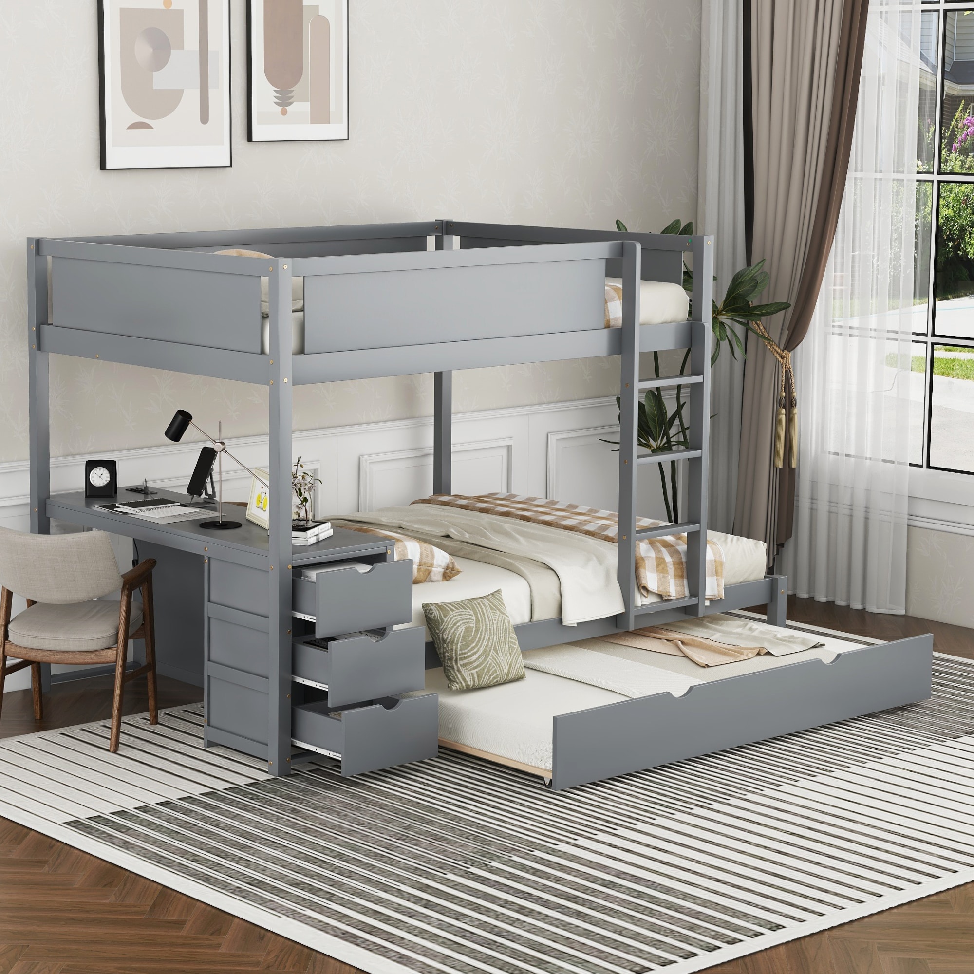 ModernLuxe LT000364AAE FullOverFull Bunk Bed with Twin size Trundle Storage and Desk Gray