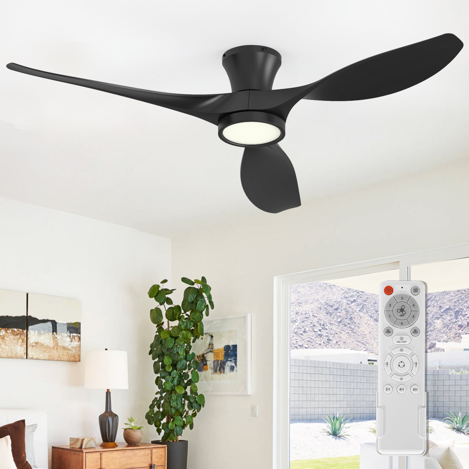 TALOYA 52-in Modern Carbon Black Flush Mount Ceiling Fan with Integrated LED Light Remote Control Reversible DC Motor and 3 High Strength ABS Blades for Bedrooms Living Rooms Dining Rooms Kitchens and Home Offices