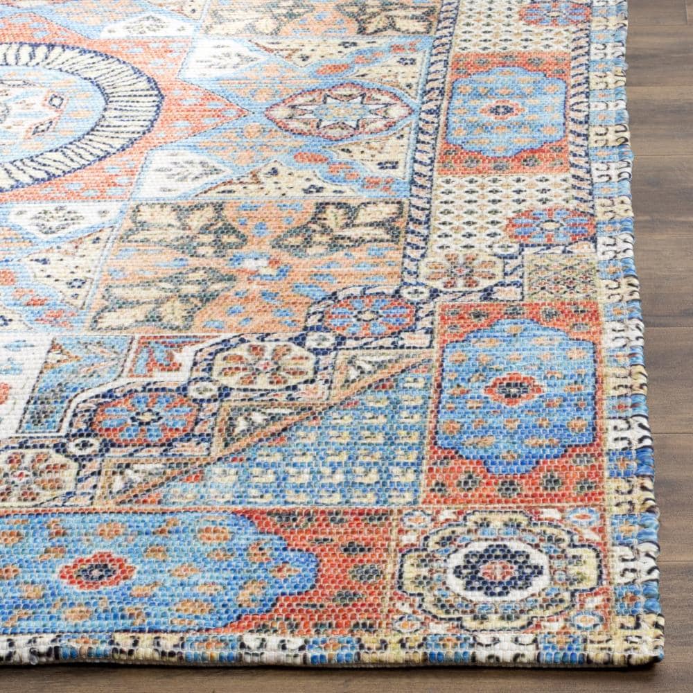 Saffron Blue and Orange Handwoven Wool Cotton Area Rug