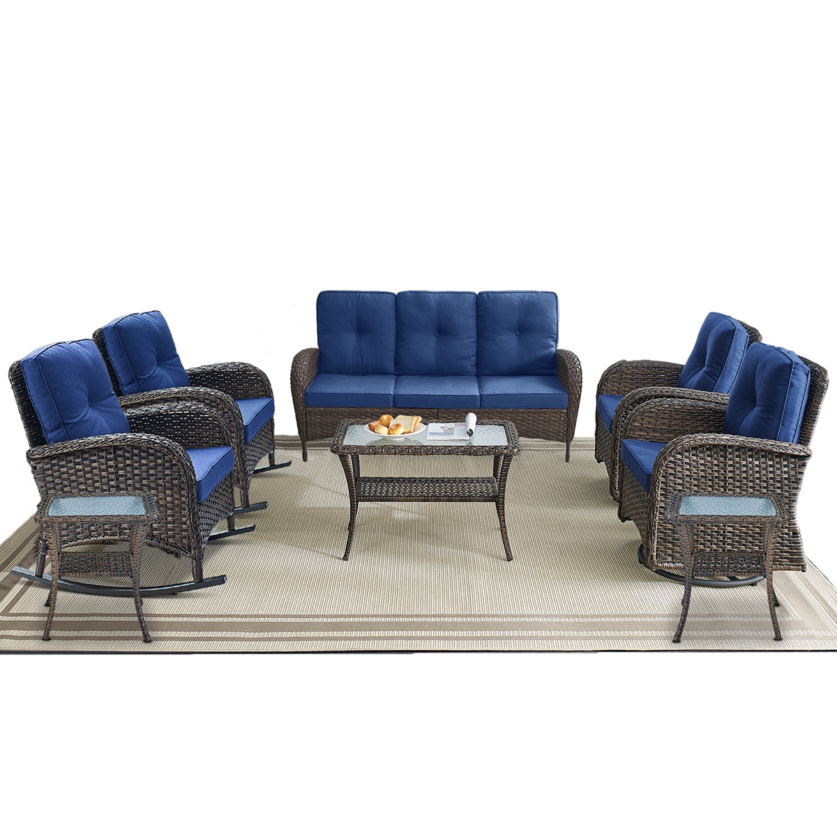 Rilyson FS114R50085086-1 8 -Piece Wicker Patio Sofa Conversation Set with Blue Cushions