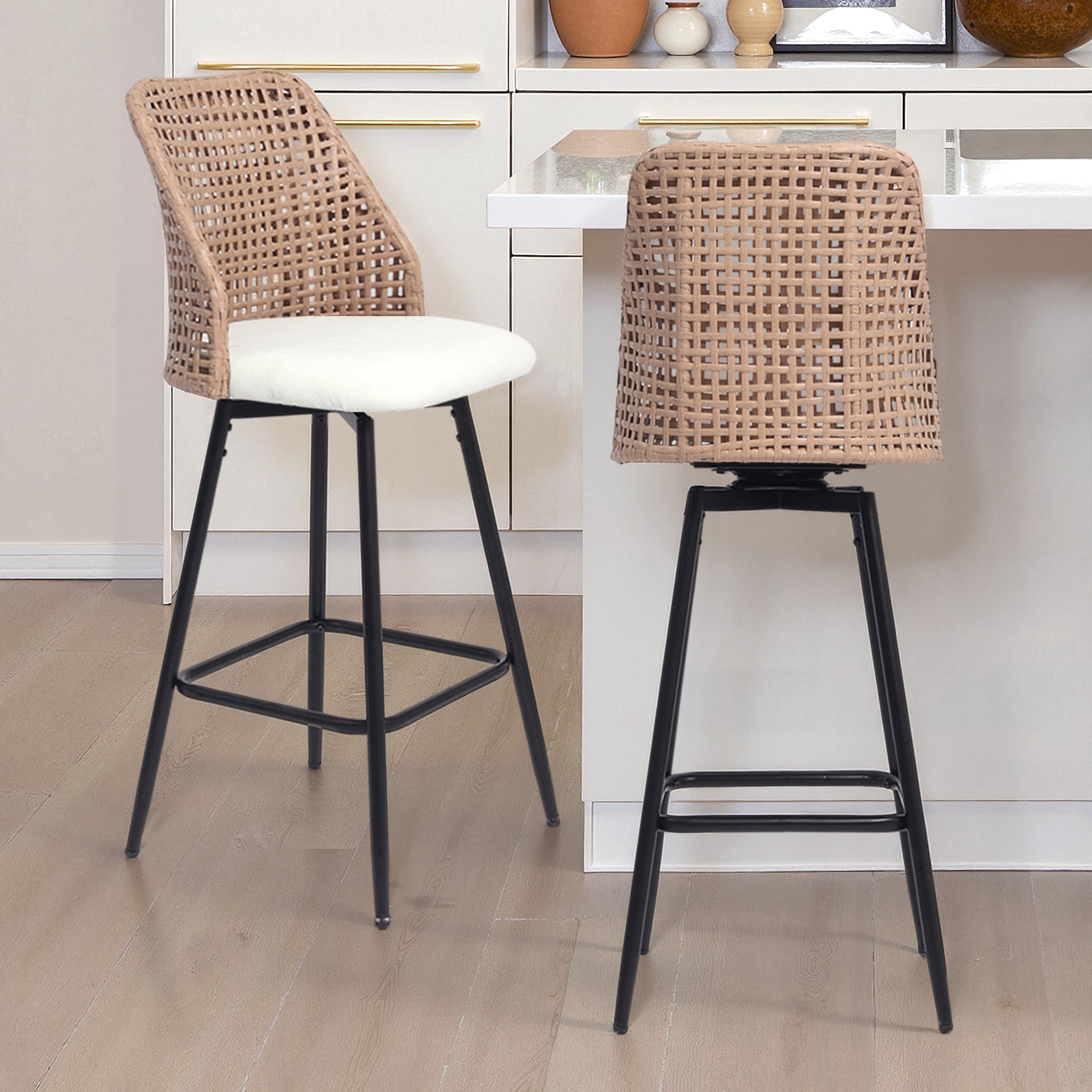 Dreamsidea Barstool with Woven Wicker Backrest-360 Swivel-Chenille
