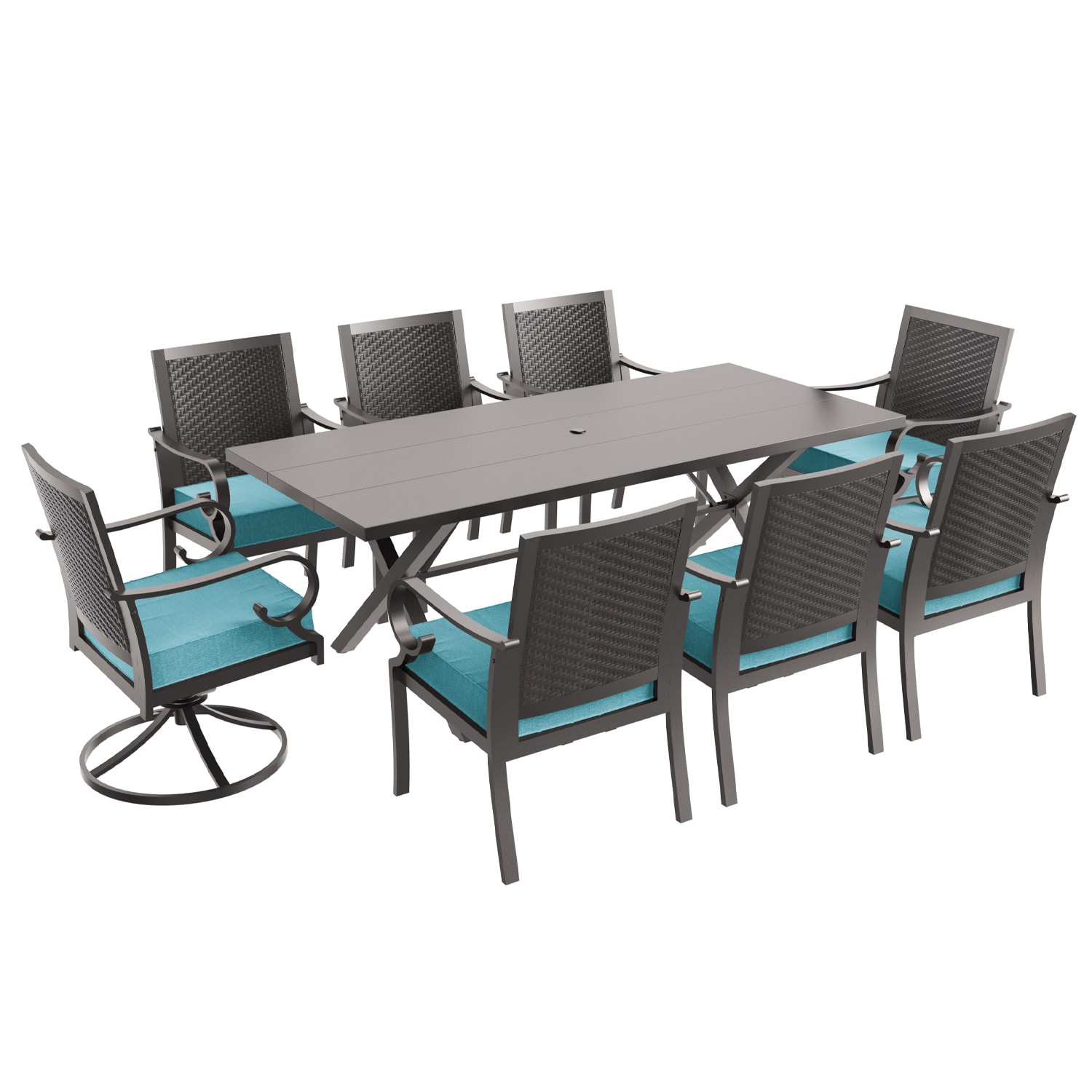 ALAULM LS-6&2DM-BLUE 9 -Piece Brownish Black Patio Dining Set Iron Rectangle Table with 8 Blue Cushions Stackable Swivel Rocker Chairs