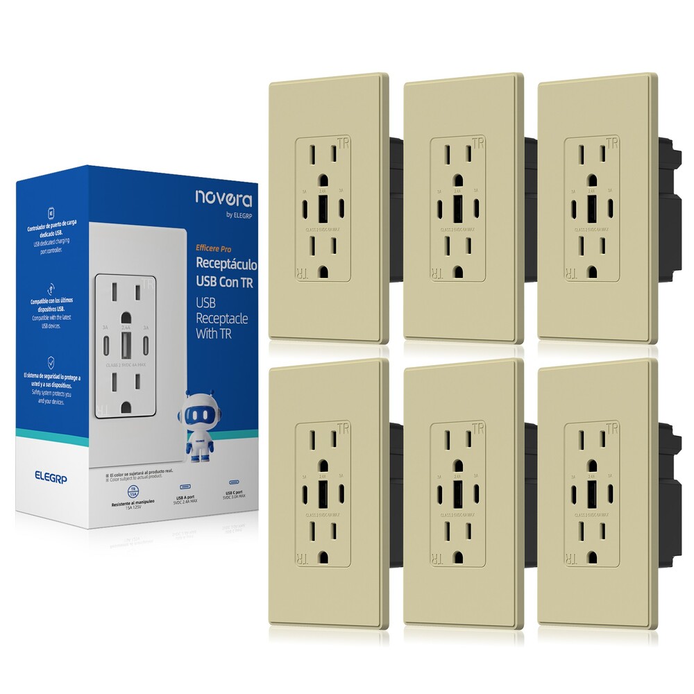 ELEGRP  30W 6.0 Amp 3 Port USB Wall Outlet 15A Duplex Receptacle with Dual Type C A Ports UL Listed w Srewless Wall Plate Matte Ivory 6