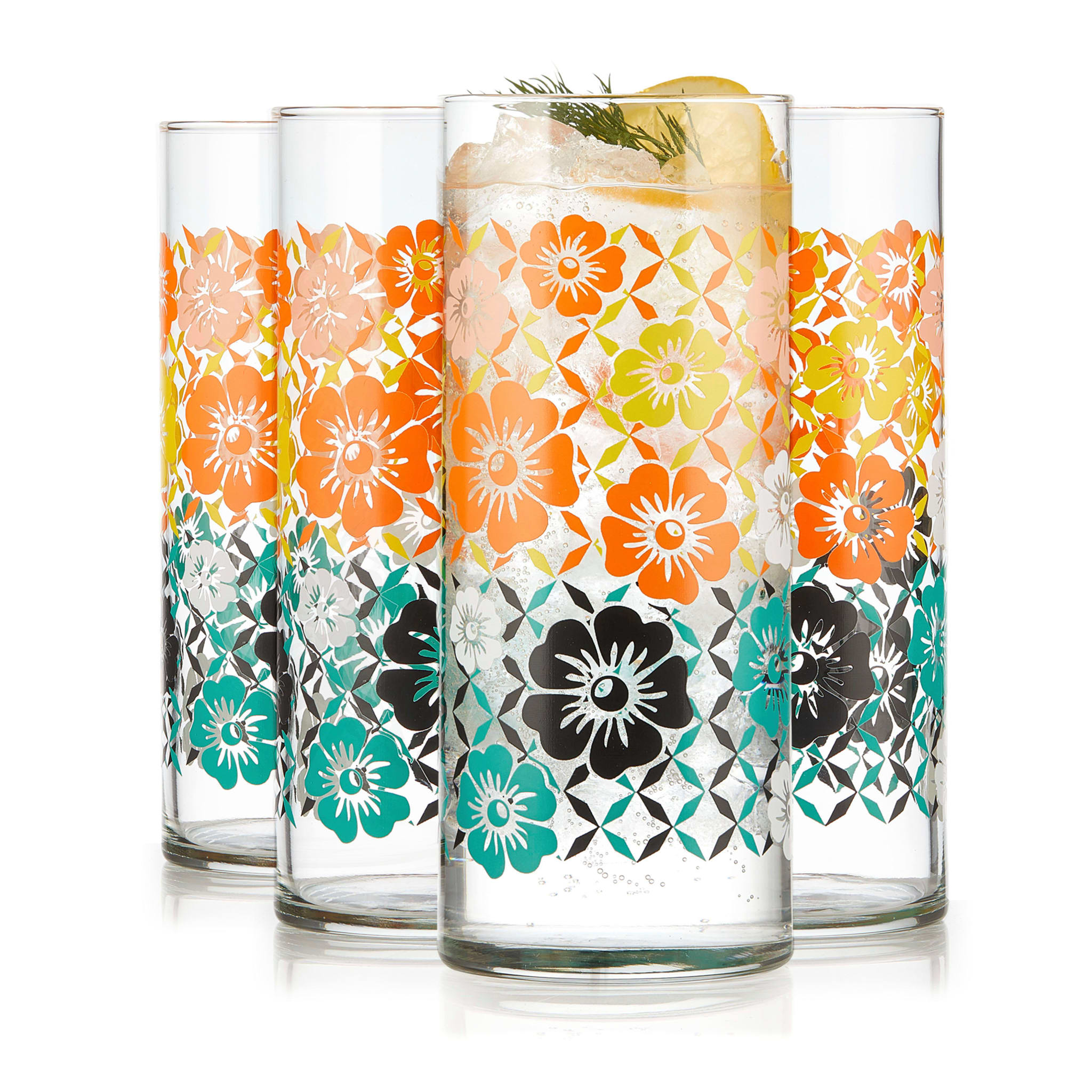 Libbey L14926 Vintage Flower Power Cooler Glasses 16 ounce Set of 4