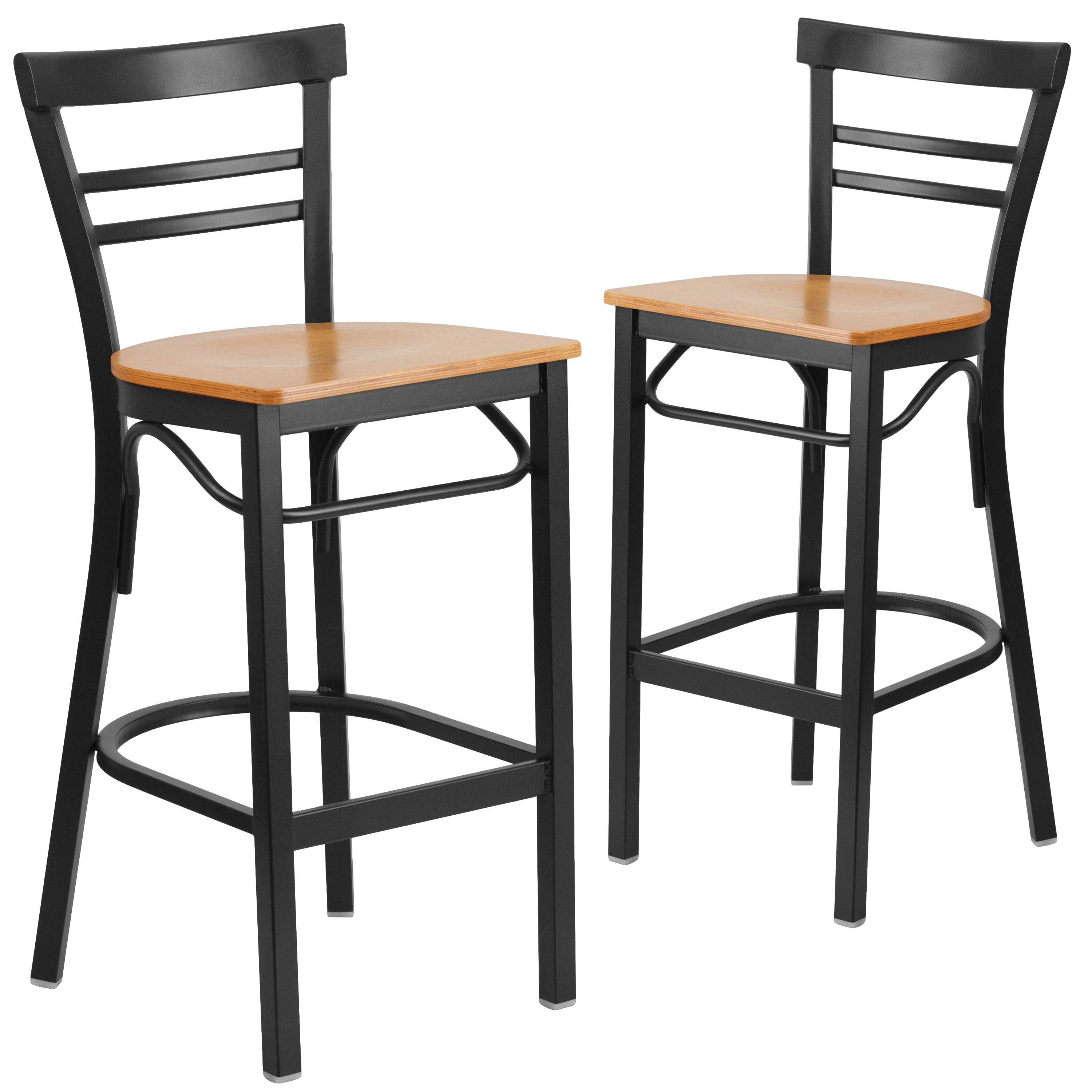 Flash Furniture 889142046875 2 Pk. HERCULES Series Black Two-Slat Ladder Back Metal Restaurant Barstool - Natural Wood Seat