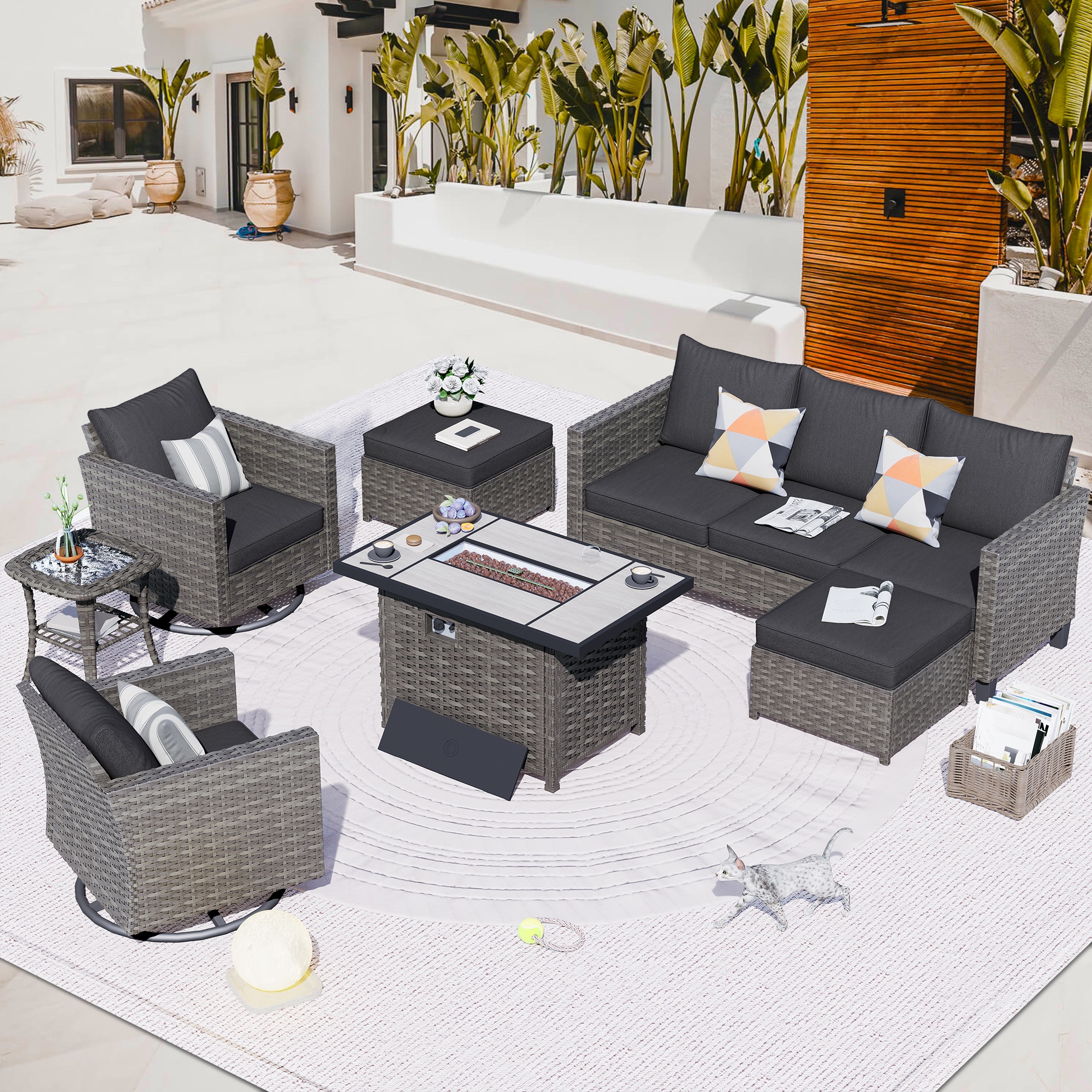 Pouuin SYZGRS105 7-Piece Wicker Patio Sofa Conversation Set with Black Cushions