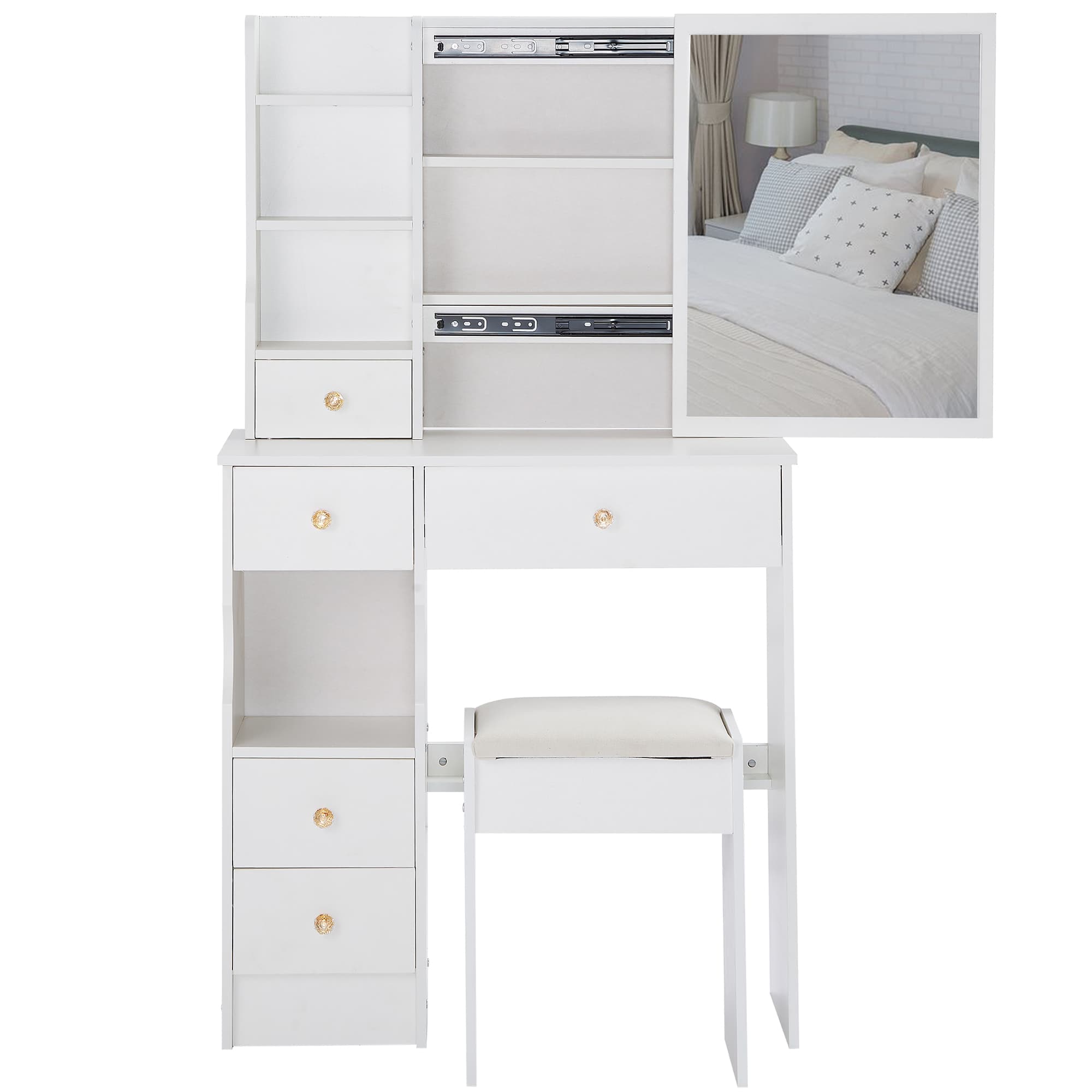  2-Piece White Small Space Vanity Set with Left Drawer Right Sliding Large Mirror Multi Layer Storage Cushioned Stool