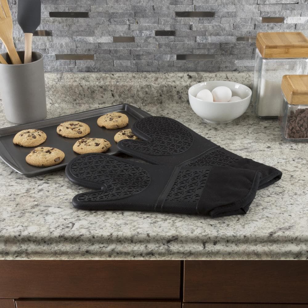 New! (Set of 2) KitchenAid Pot Holder Oven Mitt Gloves - Black Cotton  Silicone