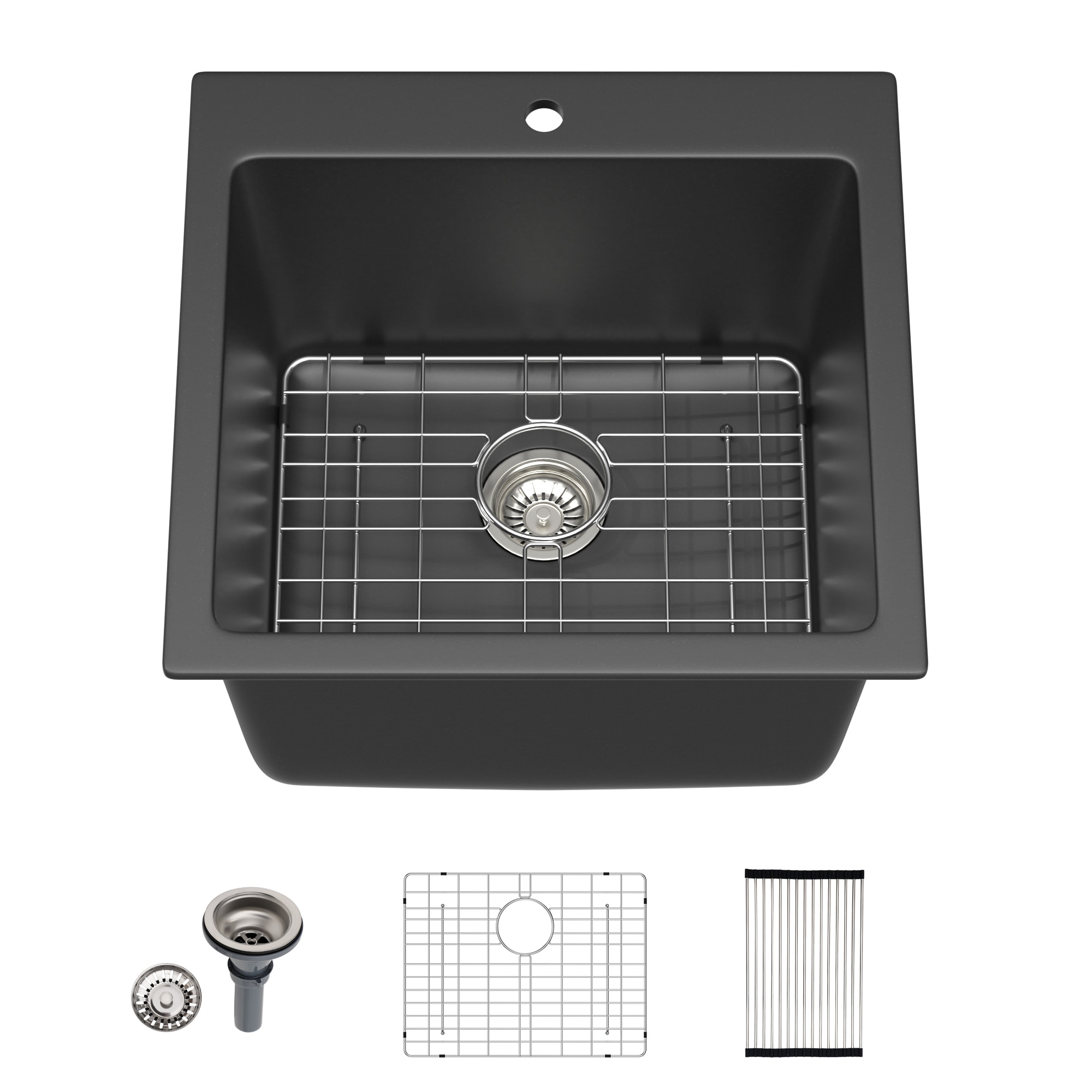 Lordear StoneForge 12-in Deep Quartz Composite Utility Sink 20-in x 23-in 1 -Basin Black Drop-in Laundry sink with Drain