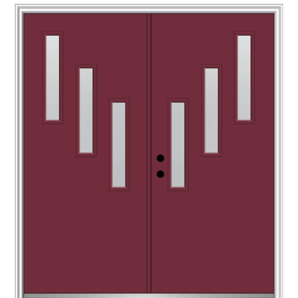 MMI DOOR ZZ347989R Spotlights 72-in x 80-in x 4-9/16-in Fiberglass Pulse lite Right-hand inswing Burgundy Painted Prehung Double Front Door with Brickmould Insulating core