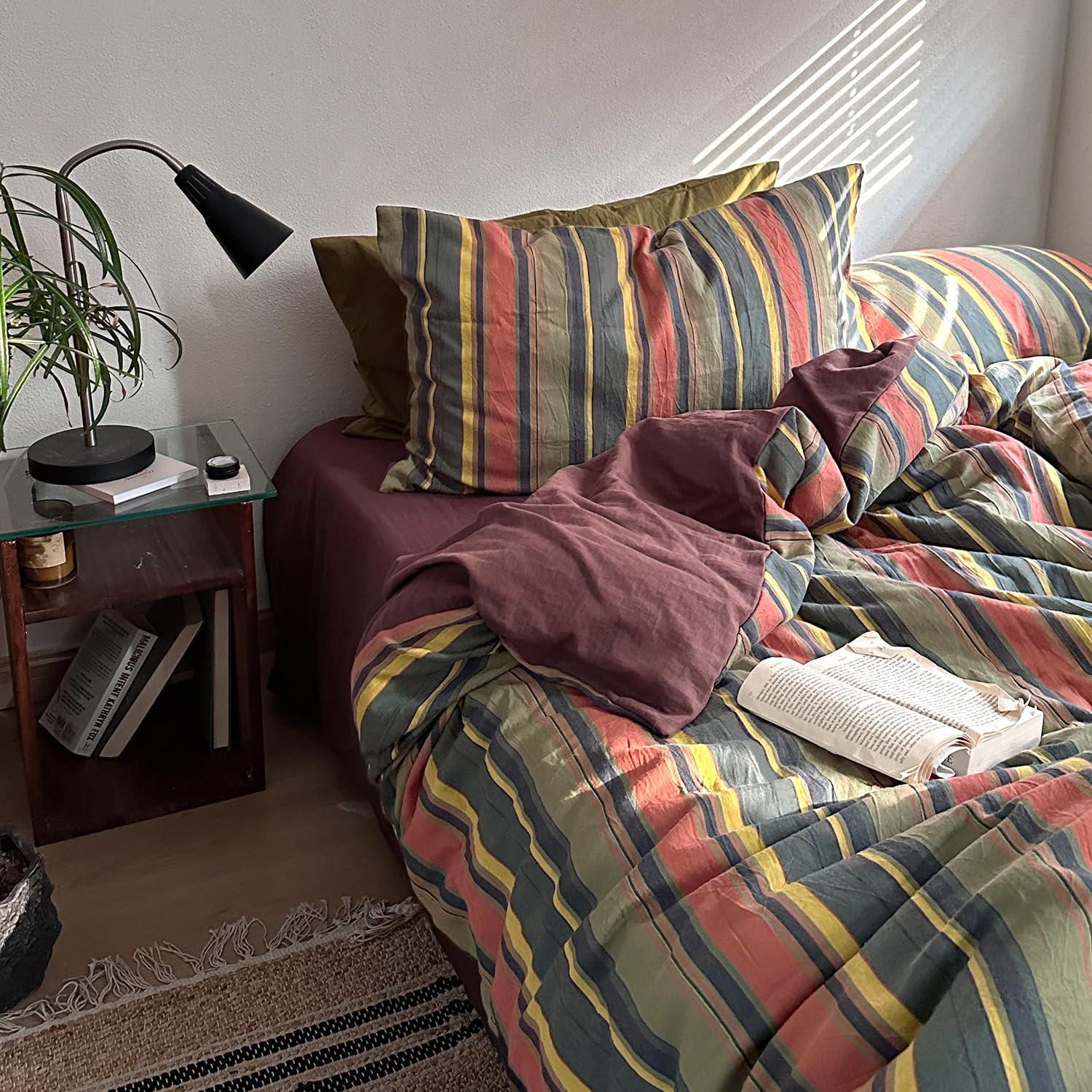 OMOMMD Colorful Stripes Queen 3 Piece Vintage Striped Washed Cotton Bedding Set Soft Breathable All Season Versatile Home Decor Gift #5749848218080
