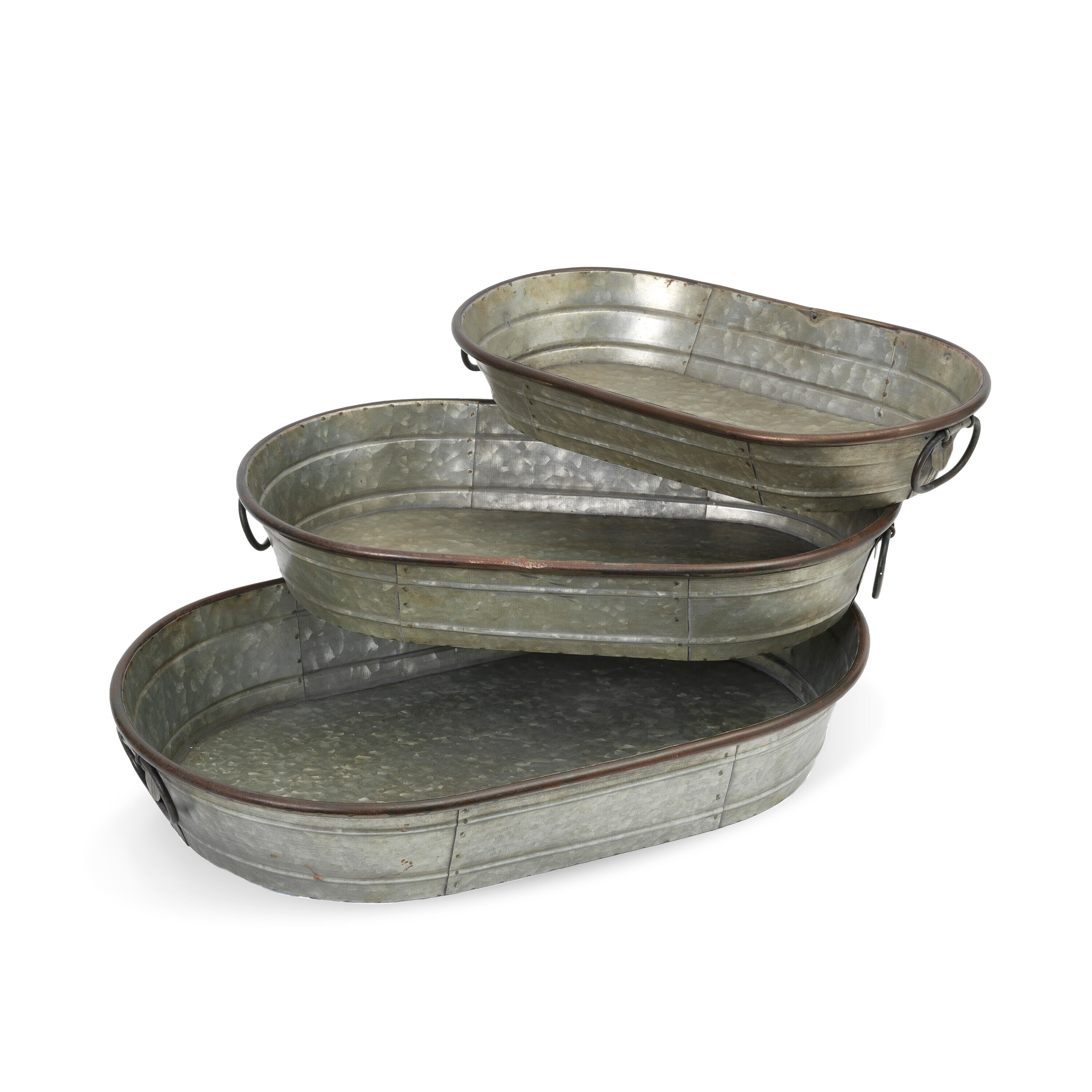 Set of 3 Rustic Gray Galvanized Metal Oval Planter Trays