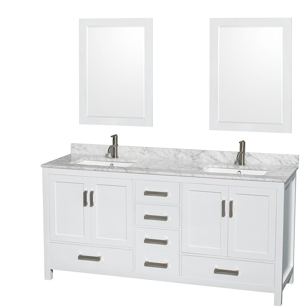Wyndham Collection WCS141472DWHCMUNSM24 Sheffield 72-in White with Brushed Chrome Trim Undermount Double Sink Bathroom Vanity with White Carrara Marble Natural Marble Top (Mirror Included)