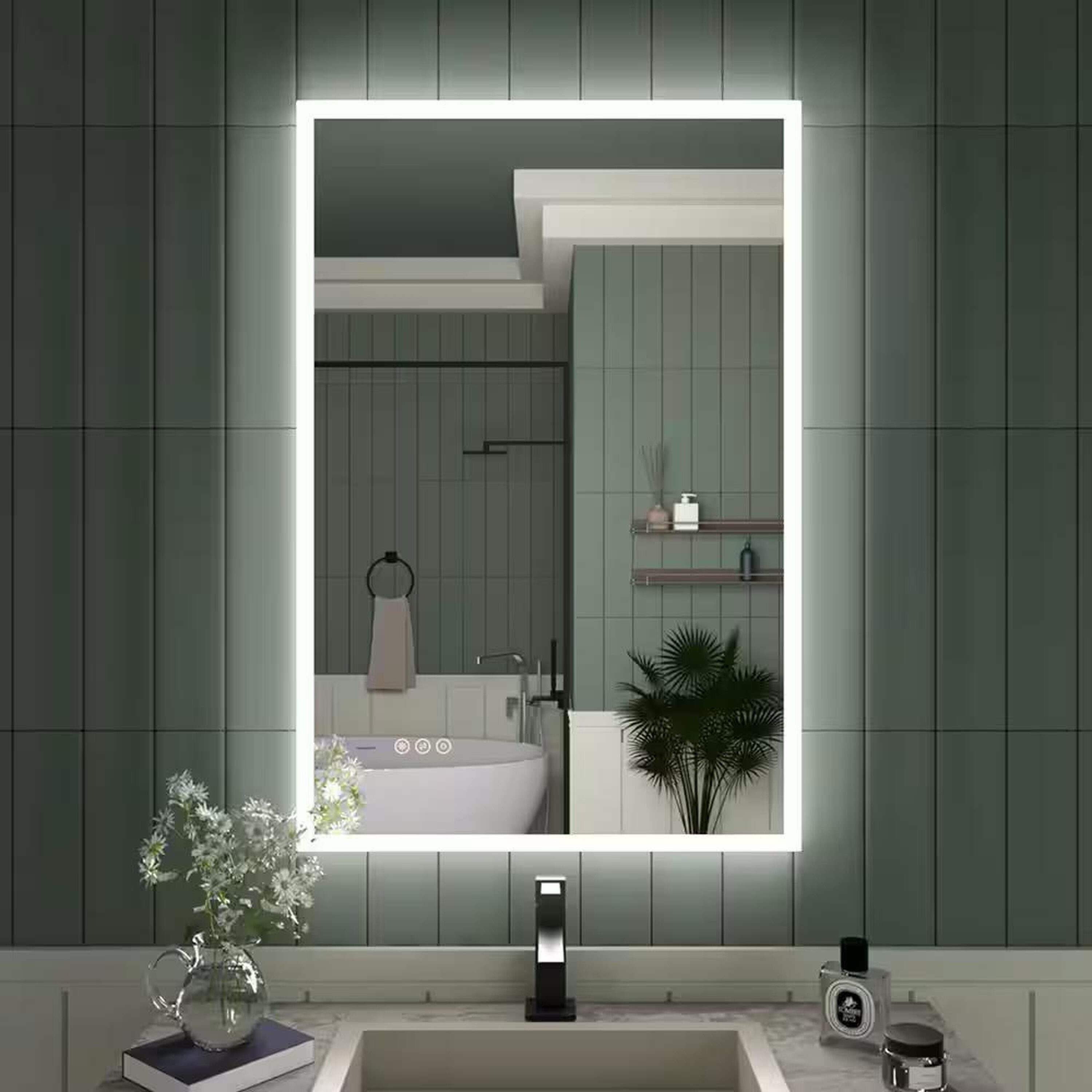 Bayfeve BFKF-2436C4-MIR Modern Multifunctio LED Bathroom Mirror 24-in x 36-in Polished Rectangle Dimmable LED Lighted Fog Free Bathroom Vanity Mirror ( Clear )