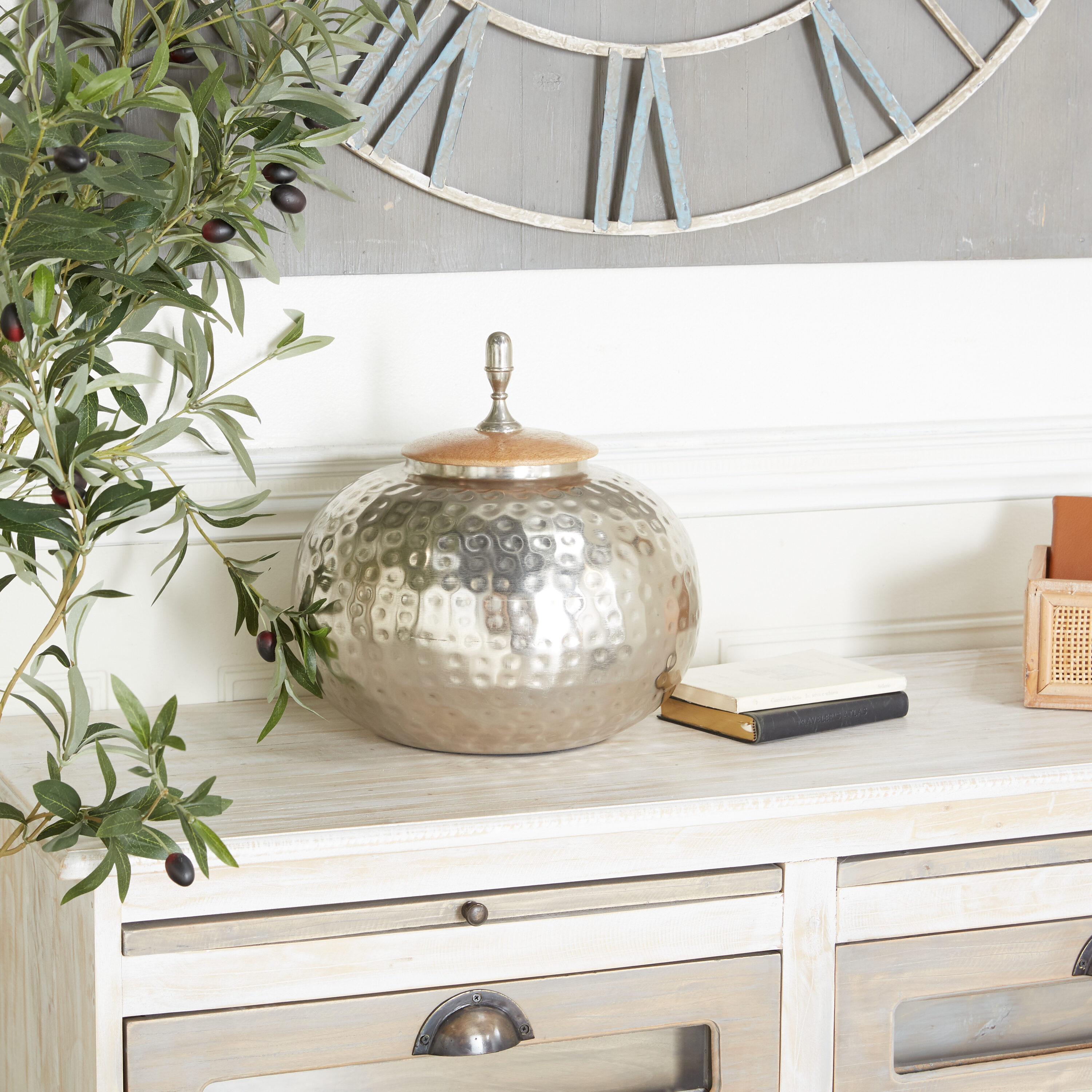 Silver Hammered Metal Decorative Jar with Wood Lid