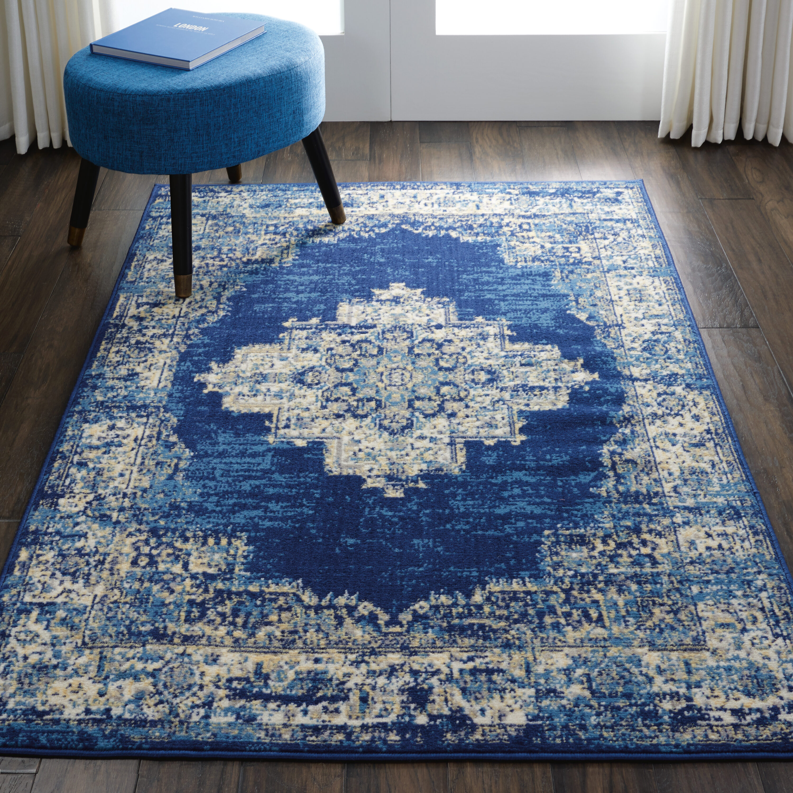 Nourison 99446458988 Grafix 4 x 6 (ft) Loomed Polypropylene Navy Blue Rectangular Indoor Medallion Bohemian/Eclectic Area rug