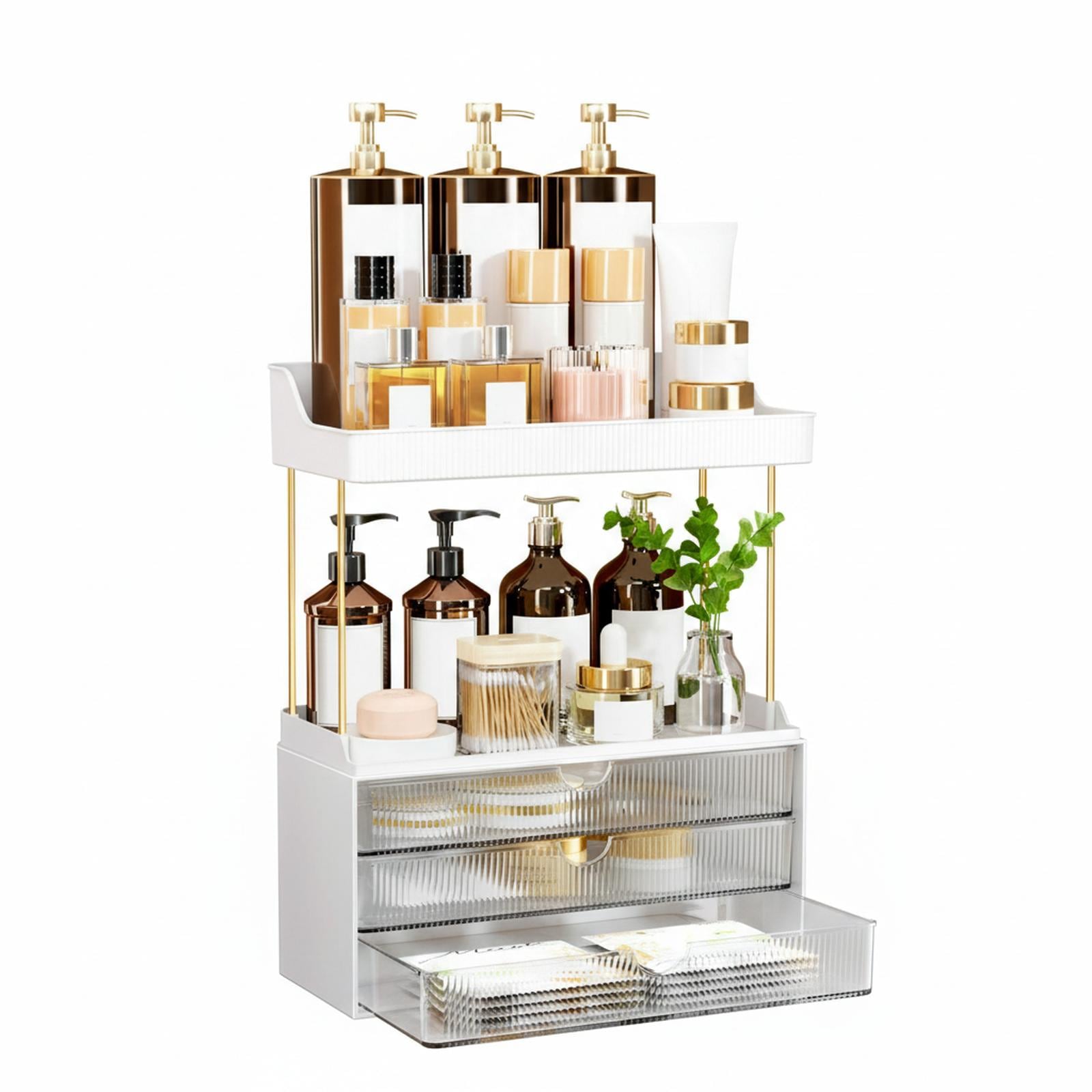 Paradigms Interiors 3 Drawers 2 Tier Bathroom Counter Organizer Versatile Makeup Skincare Storage Vanity Perfume Holder Space Saving Easy Clean #514068537298