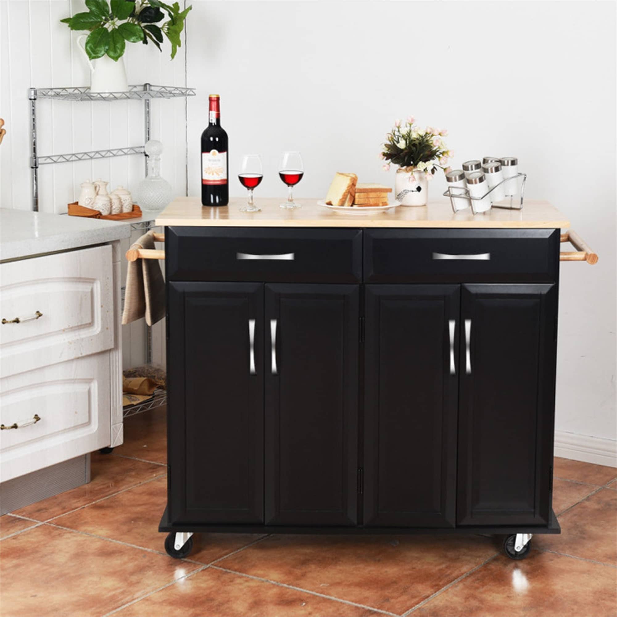 BABOOM Black Mdf Base with Wood Top Rolling Kitchen Island (18.5-in x 48.5-in x 36.5-in)