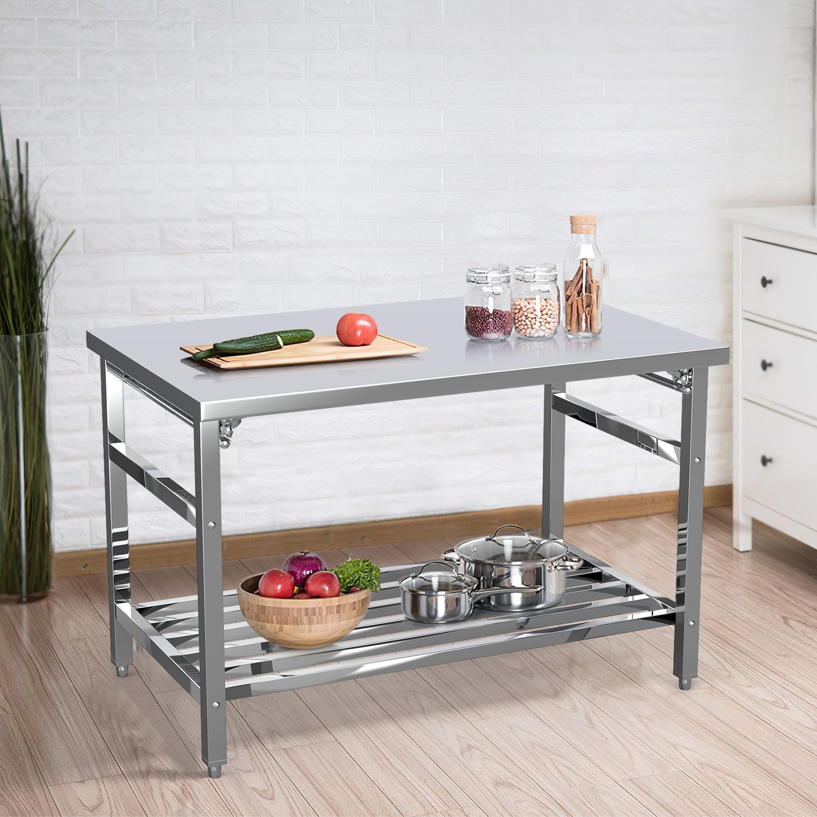 DEXSO 48x30 in NSF Stainless Steel Folding Table Heavy-Duty 500 LBS Capacity with Undershelf