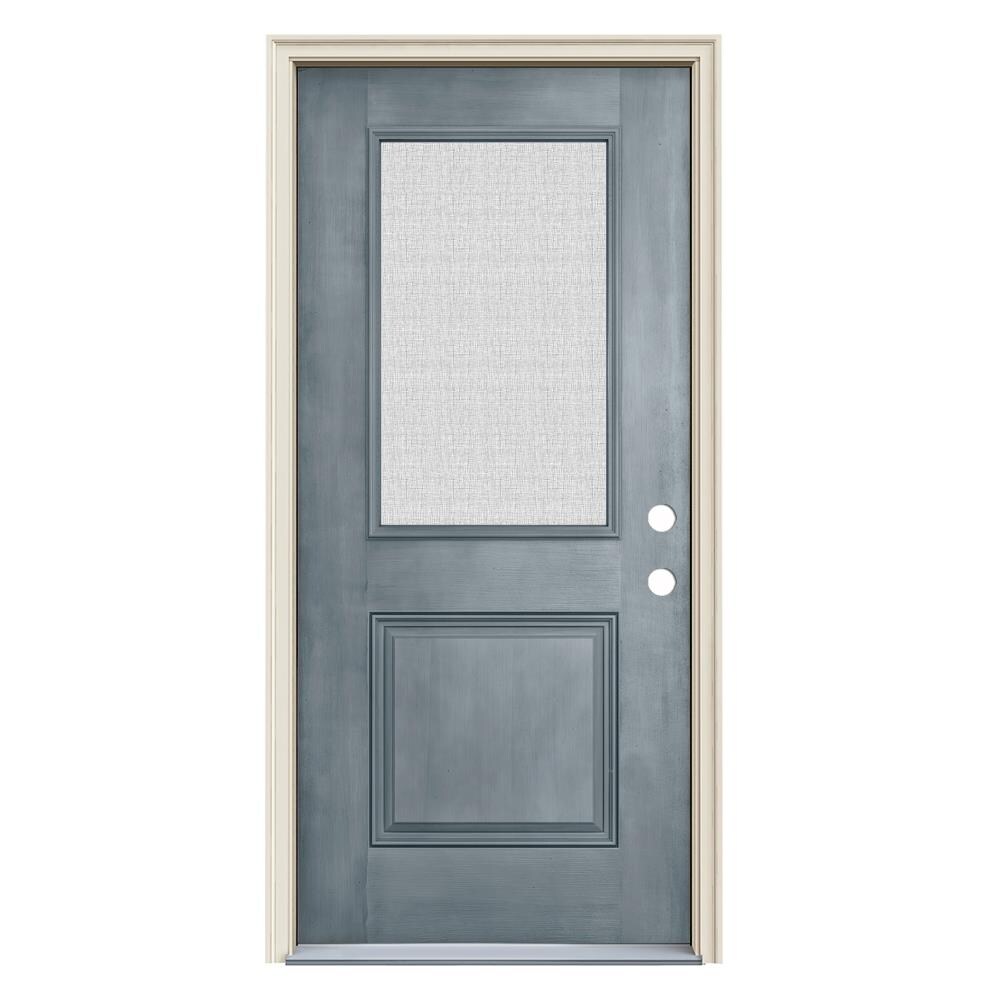 JELD-WEN LOWOLJW231800009 36-in x 80-in x 4-9/16-in Fiberglass Half lite Left-hand inswing Stone Stained Prehung Front Door with Brickmould Insulating core