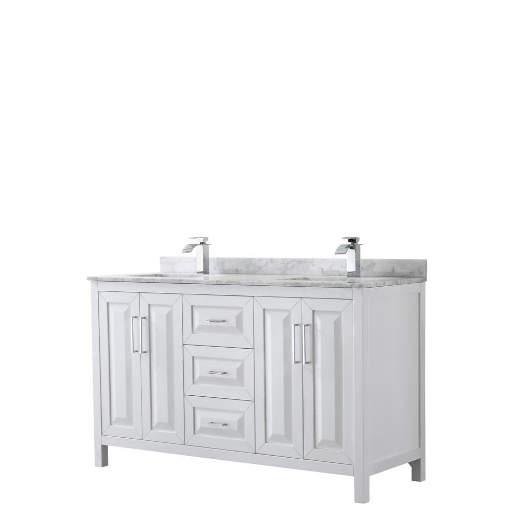 Wyndham Collection WCV252560DWHCMUNSMXX Daria 60-in White with Polished Chrome Trim Undermount Double sink Bathroom Vanity with White Carrara Marble Natural marble Top